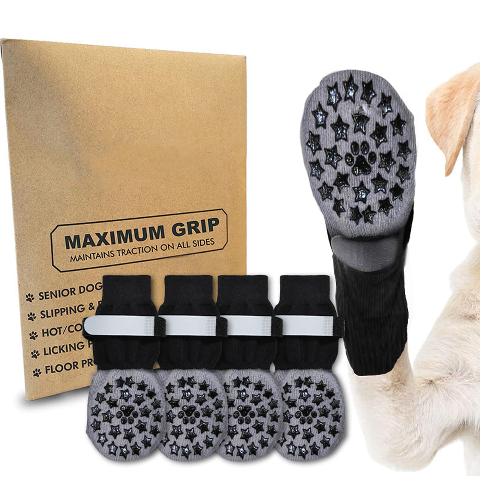 Lot de 2 paires de chaussettes antidérapantes pour chien - Protection des pattes de chien - Protection contre la chaleur - Avec fermeture réglable et bande réfléchissante - Contrôle complet de