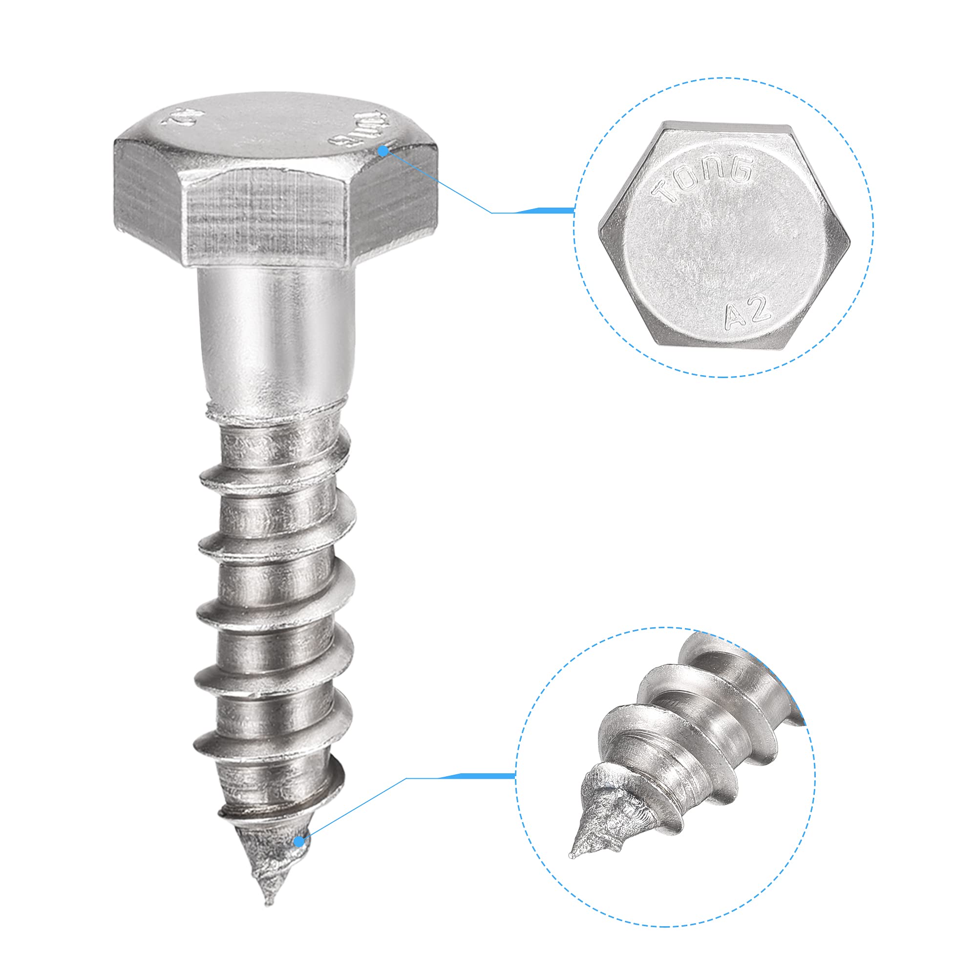 sourcing map Hexagonal Tire-fond M10 x 40mm 304 Inox Acier Demi-fil Autotaraudeuse Boulons pour Bois Vis 10Pcs