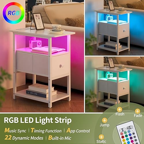 Miniatura 4 de Yoobure Mesa auxiliar con estación de carga, mesa auxiliar estrecha con cajón de tela ajustable, mesas auxiliares de 3 niveles, sala de estar,