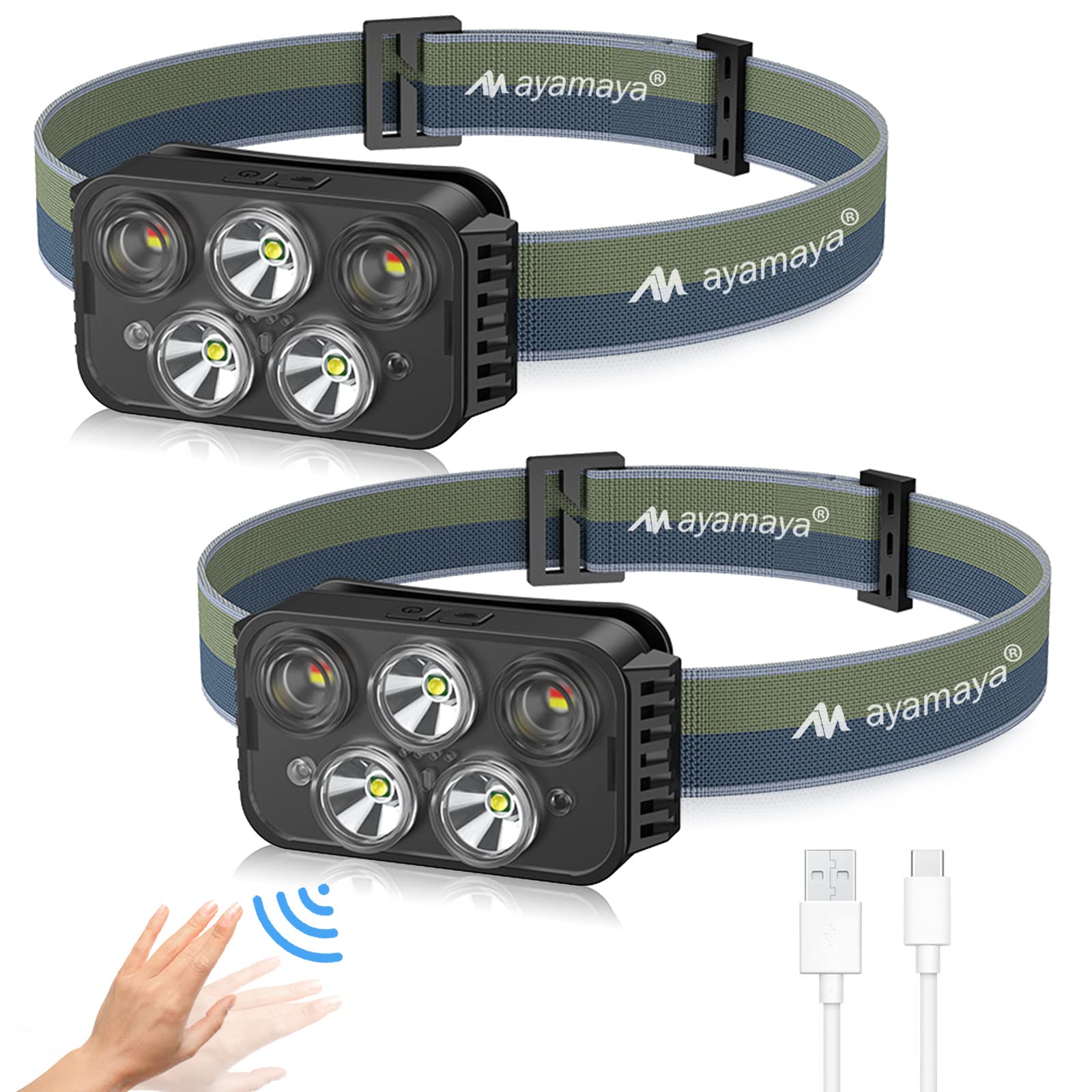 ayamayaHeadlamp Rechargeable LED Head Lamp Flashlight 6 Modes with Motion Sensor - IPX4 Waterproof Headlight for Outdoor Camping, Hiking, Running, Fishing Adjustable Headband for Adults and Kids