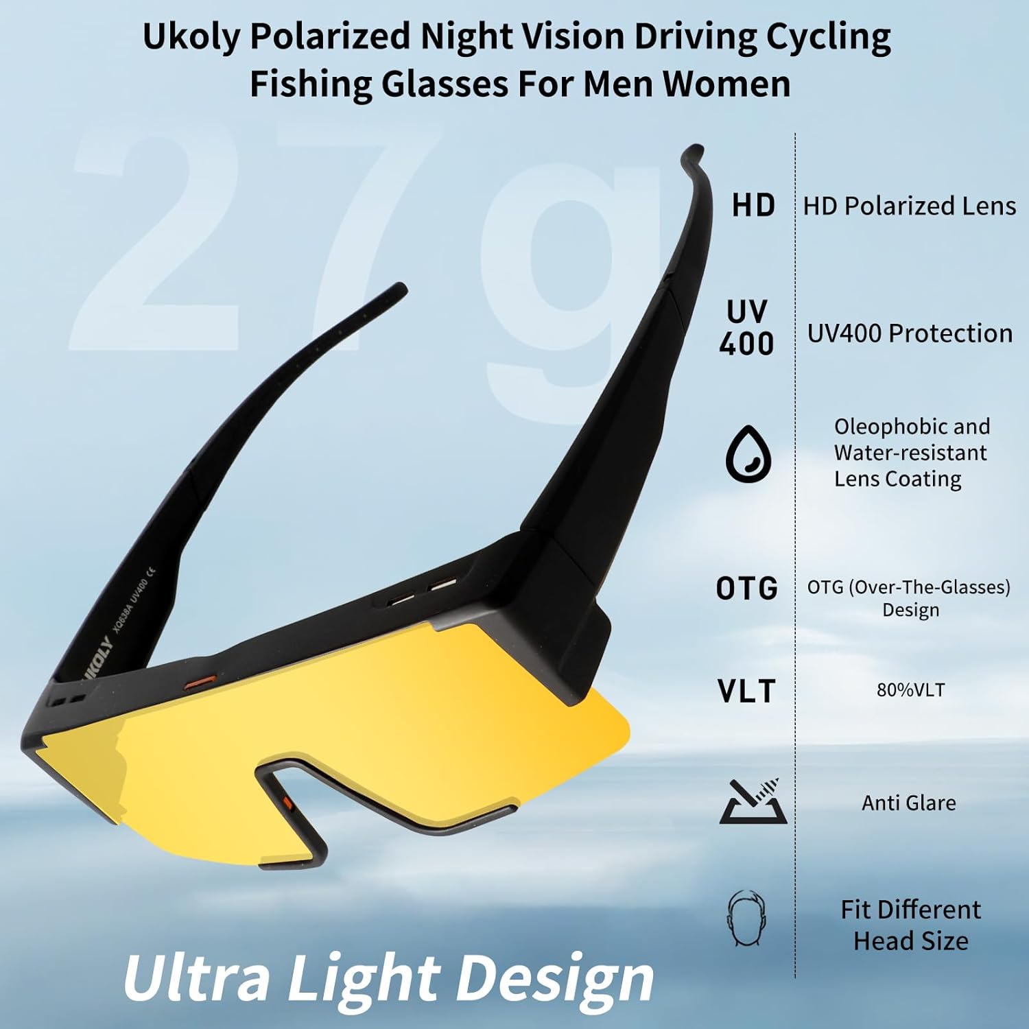 Ukoly Polarized Night Driving/Cycling Glasses For Men Women,Sport Night Vision Glasses Anti Glare HD Lens UV400 Coating