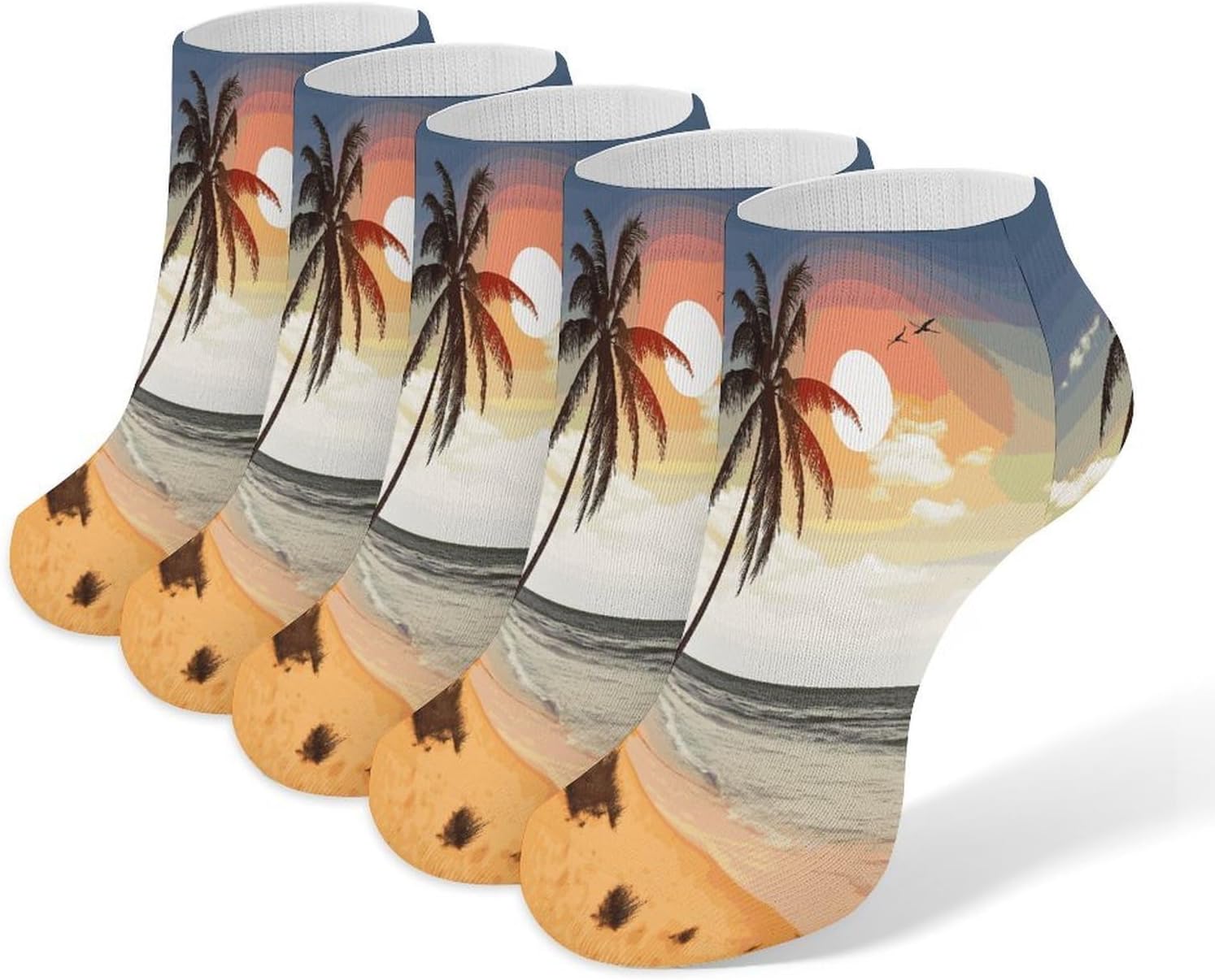 Palm Tree on Beach Ankle Socks for Men Women 5 Pairs | Comfortable Casual Low Cut Socks, Lightweight No Show Breathable Athletic Socks, Soft Mini Crew Socks for All Seasons
