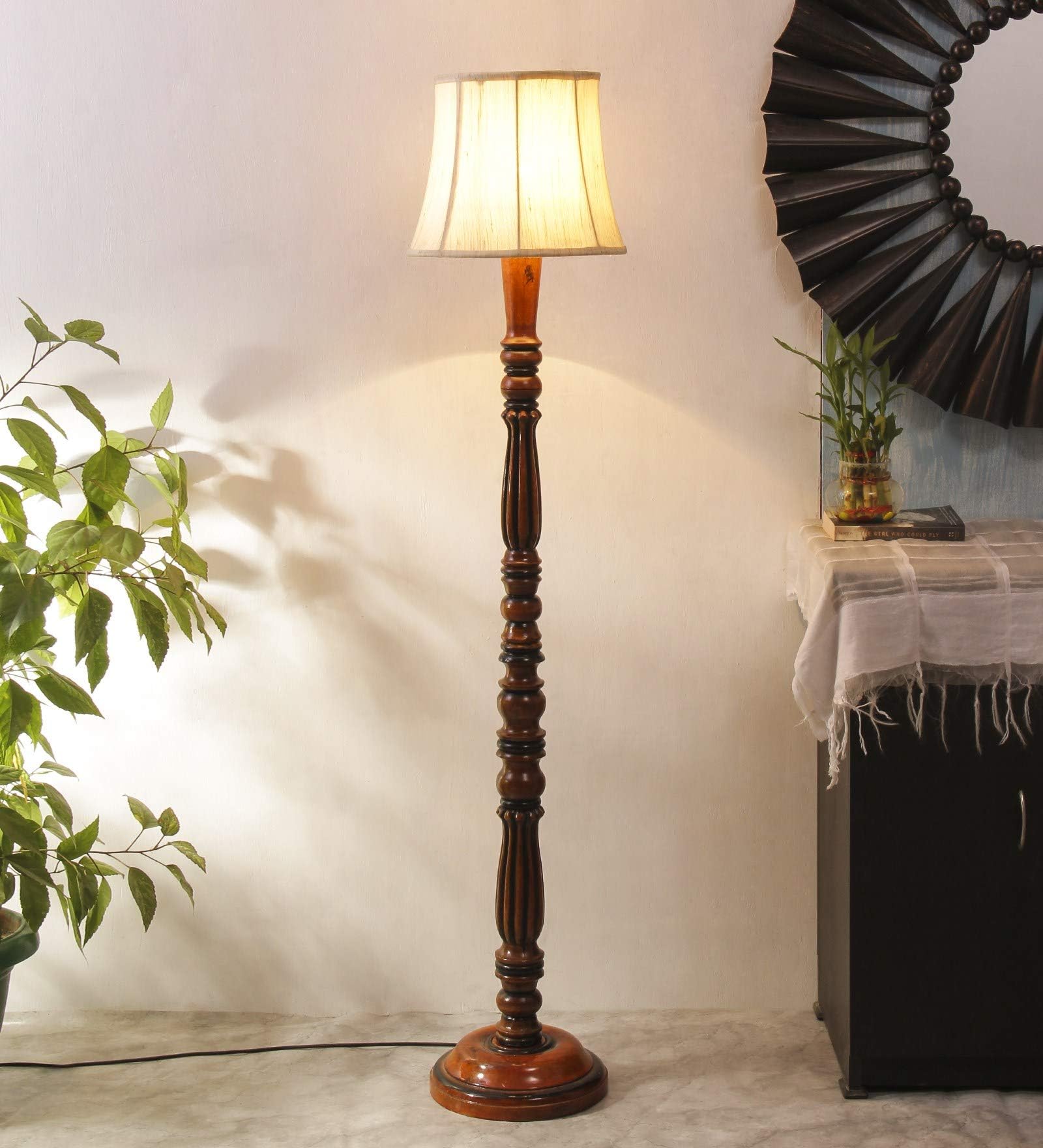 Cylindrical Drum Floor Lamp with Wooden Base - Height 57 Inches, Buttermilk | Modern Standing Lamp for Home, Living Room, Bedroom & Office | Elegant Lighting Decor | Cotton