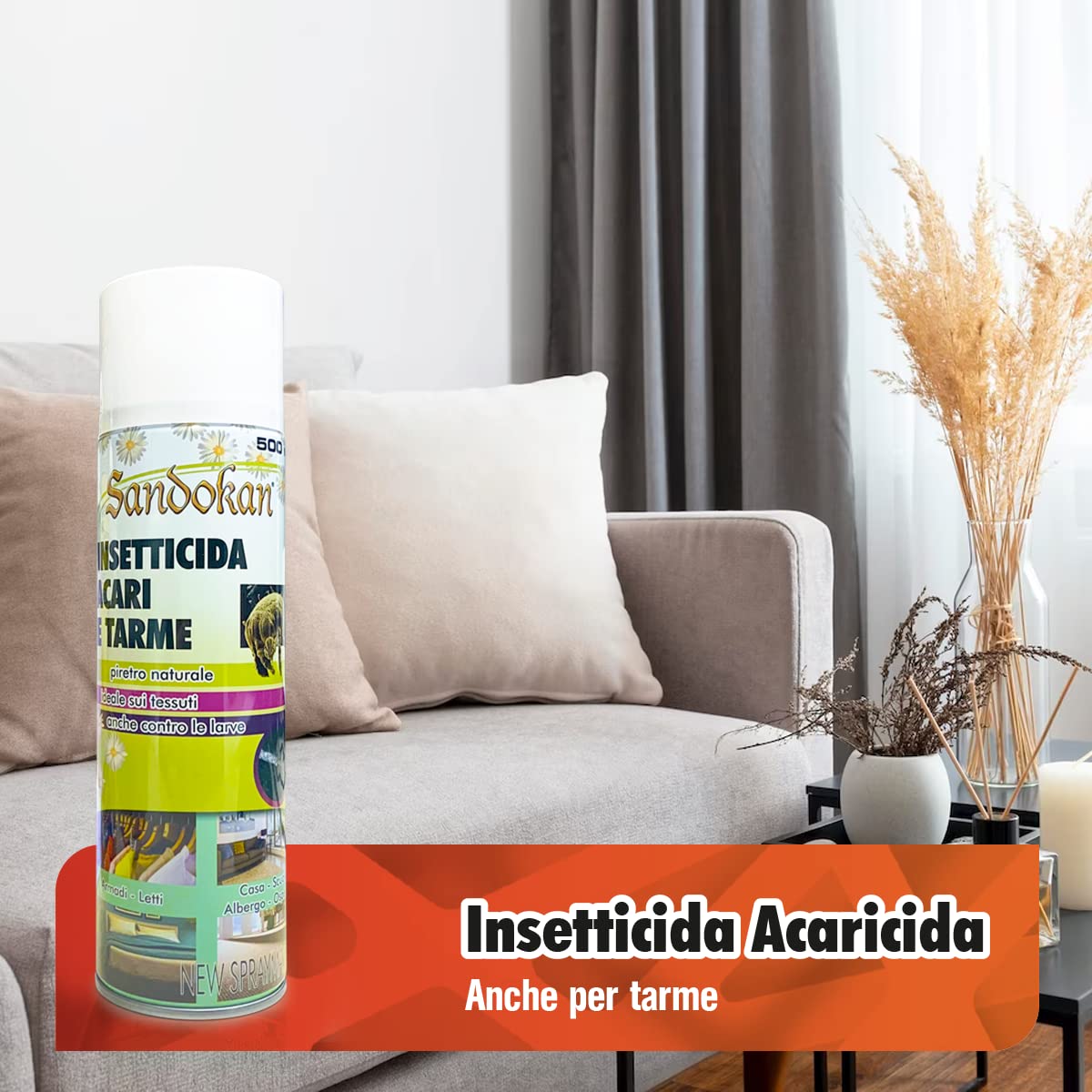 Sandokan, Insetticida Acaricida Spray 500ml, Spray Antiacaro per Materassi e Tessuti a Base di Piretro Naturale, Anti Acari Tarme Zecche e Ragni, Non Macchia e Non Puzza, Made in Italy