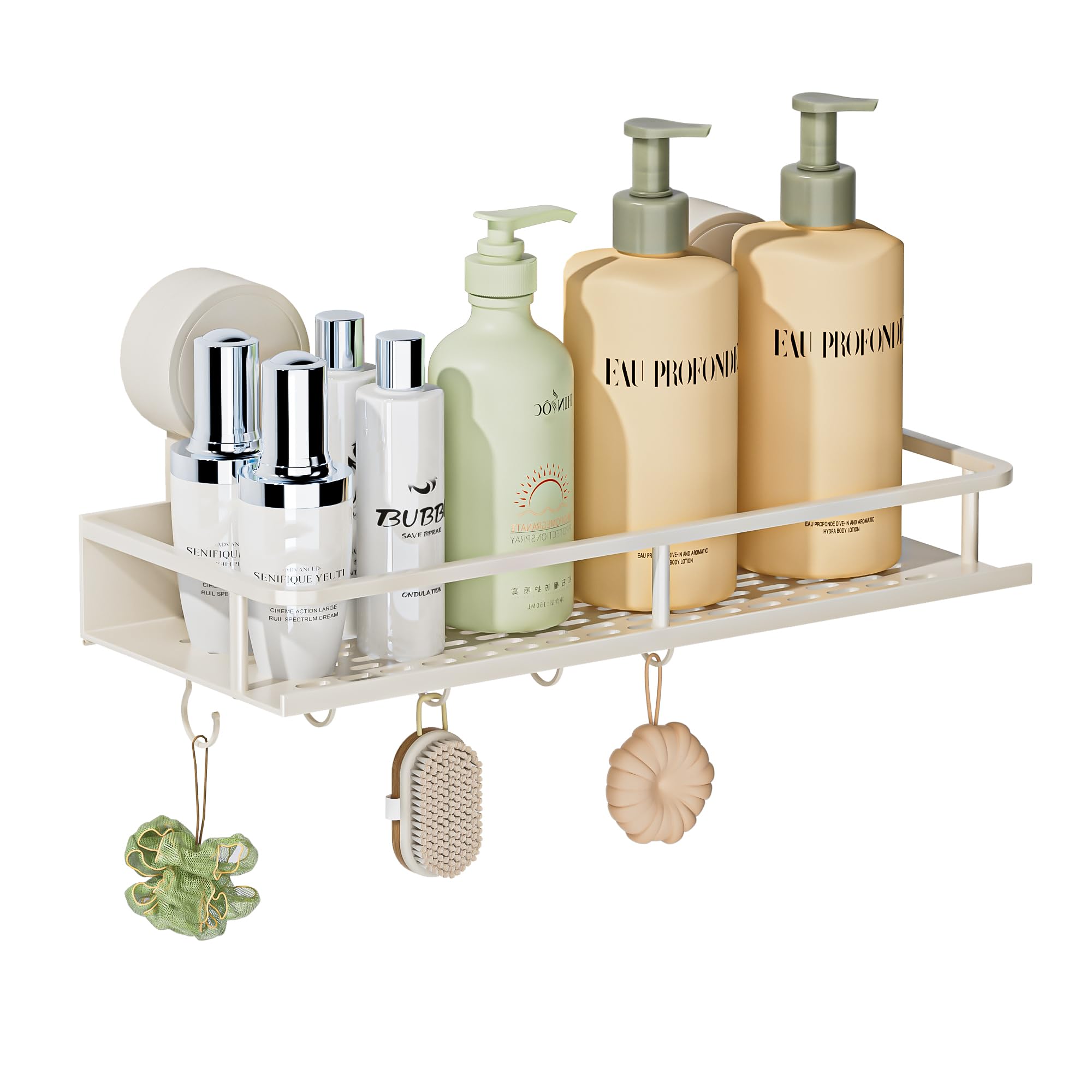 Wisfame Shower Caddy Suction Cup,Drill-Free Rustproof Waterproof Bathroom Wall Shelf with Hooks,Removable Shower Storage Organizer for Shampoo Conditioner Soap - White
