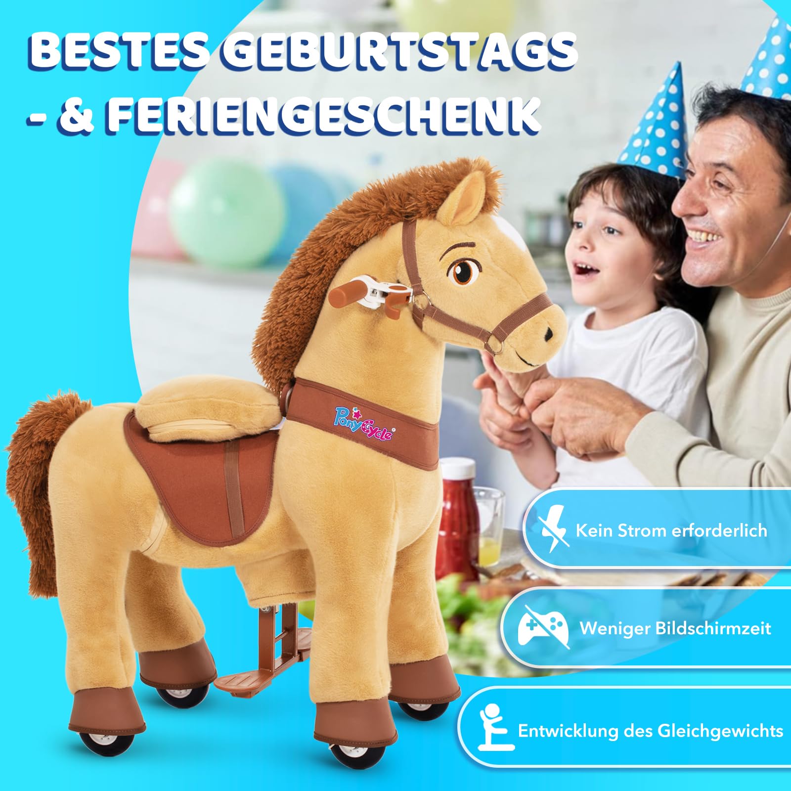 PonyCycle® Schaukelpferd auf Rollen | für Kinder 4–7 Jahre, 90cm | Hellbraunes Plüsch Reitpferd mit Handbremse | Stehpferd, Schaukeltier, Indoor & Outdoor | Basis Modell E – E436