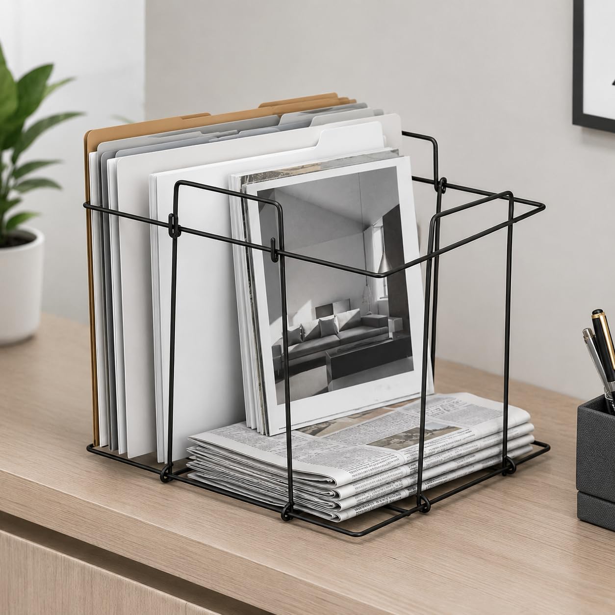 Suntag CraftMetal Newspaper Stand & Magazine Holder Rack, Black Wire File Organizer Basket for Newspapers, Magazines, Documents & Office Papers, Desk Storage Rack for Home & Office-image-9