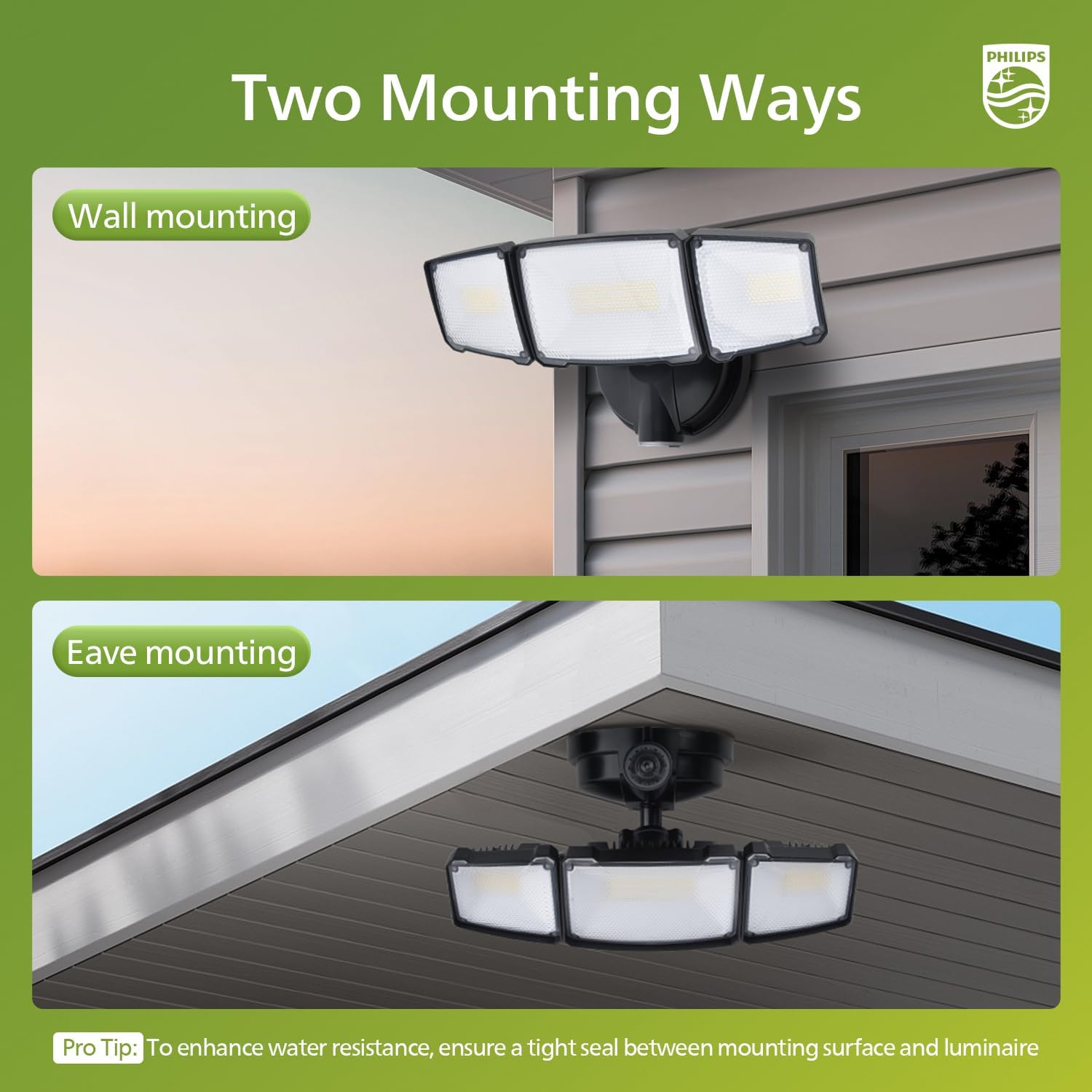 Diagram showing two mounting ways: wall mounting and eave mounting for the security light.