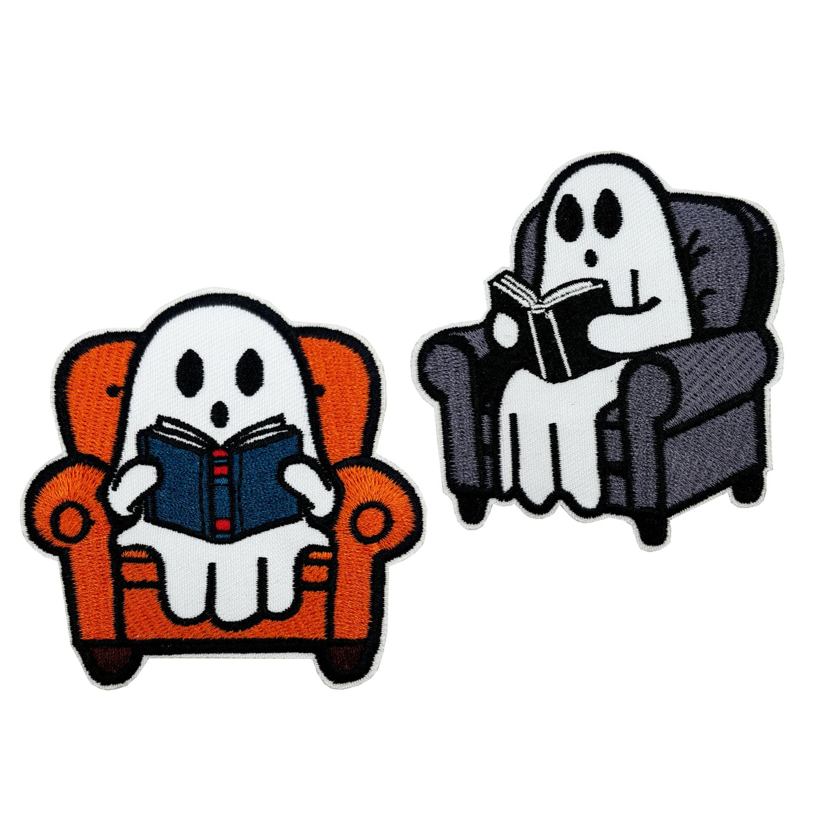 2 Pack Funny Ghost Reading Books Embroidered Iron on Patches, Gifts for Book Lovers, World Book Day Gifts