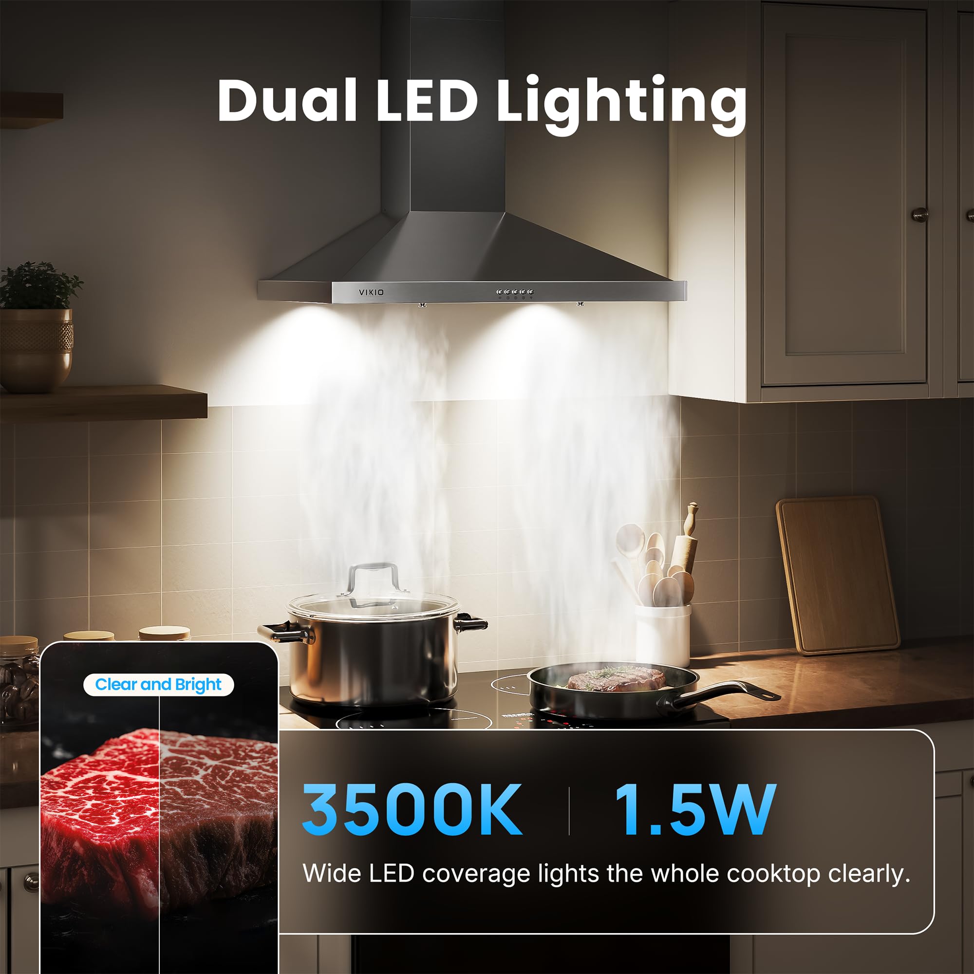 30 Inch Wall Mount Range Hood, 450 CFM Stainless Steel Kitchen Vent Hood, Convertible Ducted/Ductless with Charcoal Filters, Baffle Filters & Dual LED Lights - 5