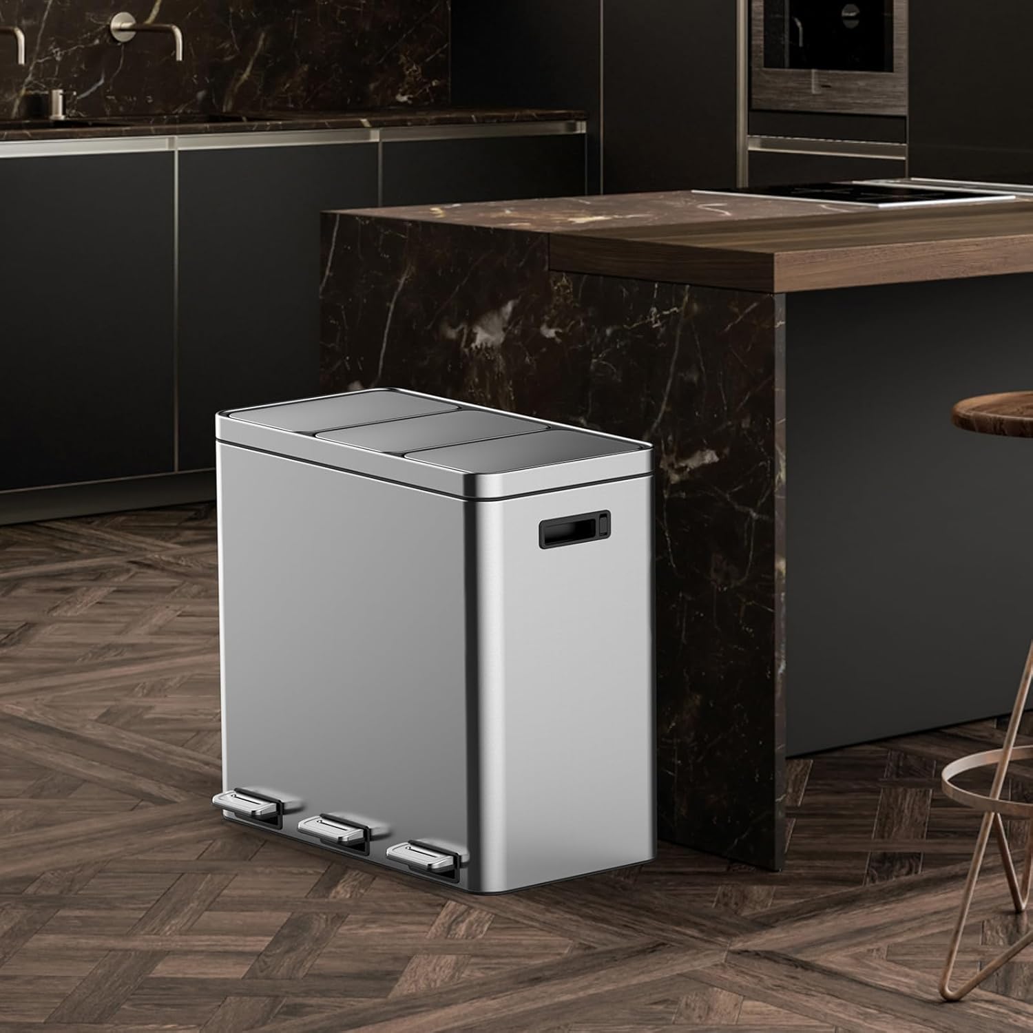 3 x 5.3 Gallon Kitchen Trash Can, 3 Compartment Garbage Can, Stainless Steel Rubbish Bin with Soft-Close Lid and Removable Inner Wastebasket for Kitchen, Home Office
