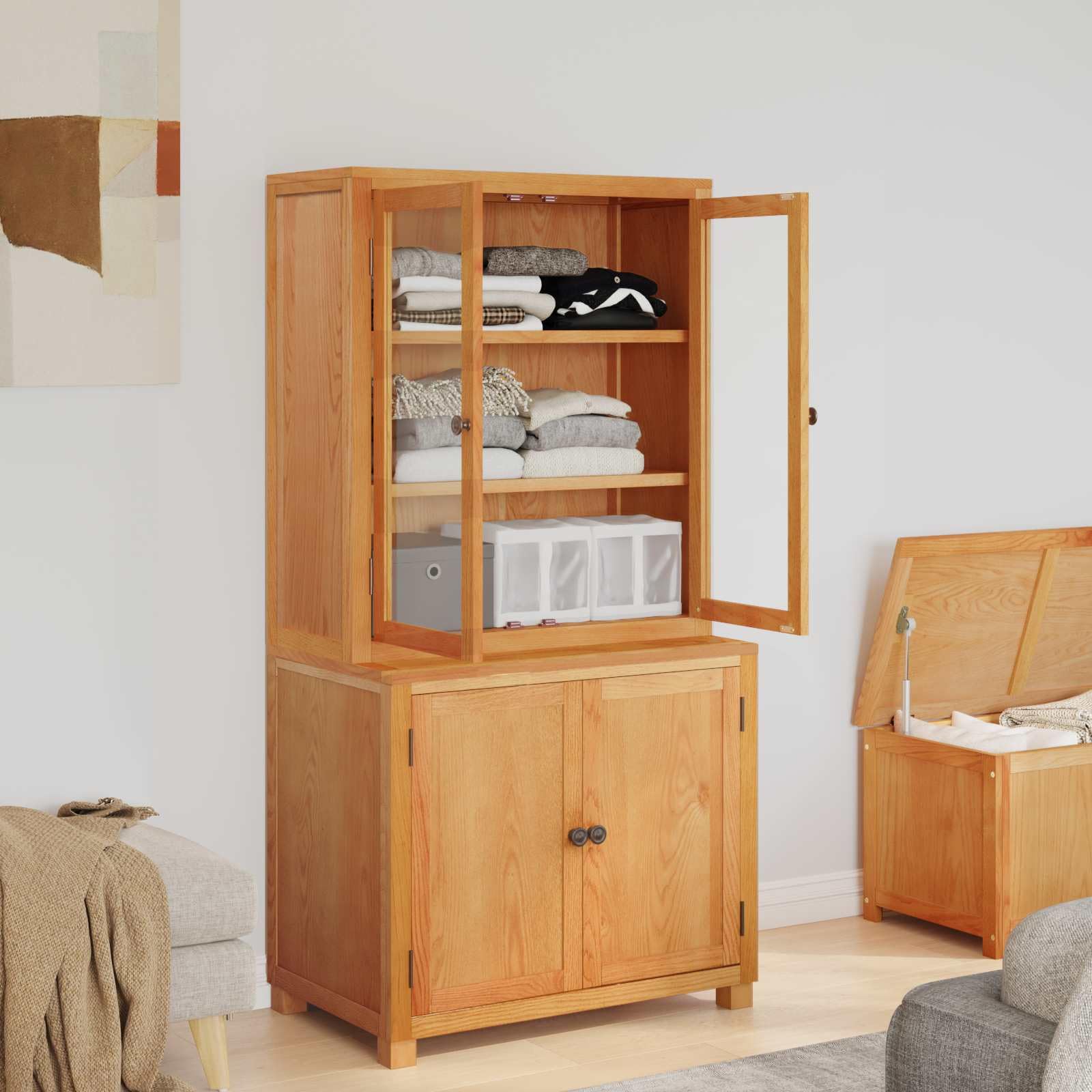 Modernes Aufbewahrungsmöbel-Set mit Tür aus Holzwerkstoff, Eichen- und Kiefernholz, in Braun. Stauraum Möbel mit Kippschutz, ideal für Wohn- und Schlafzimmer.