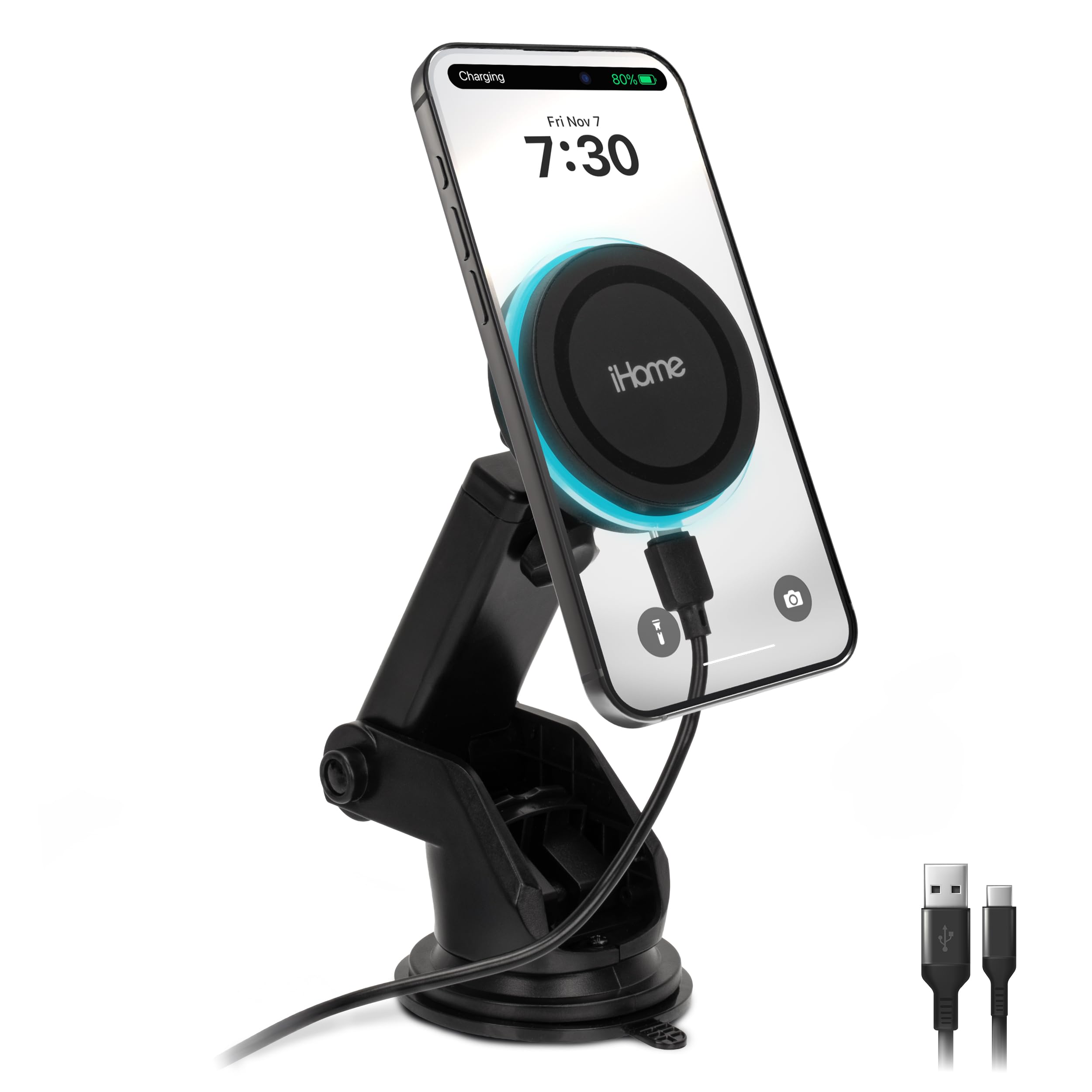 iHome Car Mount, Dashboard/Windshield/Vent Mount, Swivel Neck, Silicone Grip, Adjustable Mount Arm with Suction Cup Base (Magnetic Charging Car Mount)