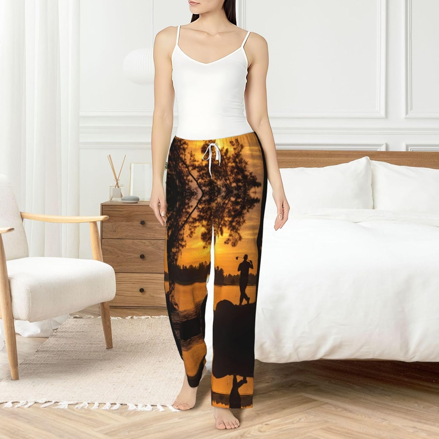Sport Golf Ball Sunset Tree Print Cozy Flannel Pajama Pants For Women,Warm Christmas Pj Pants,Cute Fleece Pajamas