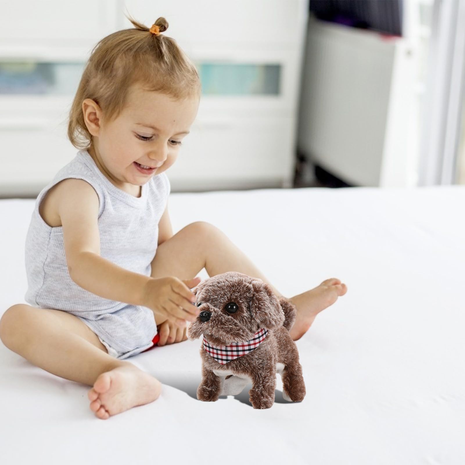 Vibbang Robot Chiot, Jouet Chiot Robot Réaliste Mignon, Chiens en Peluche Qui Marchent, aboient et remuent la Queue, Chien Jouet Enfant Interactif pour Filles garçons