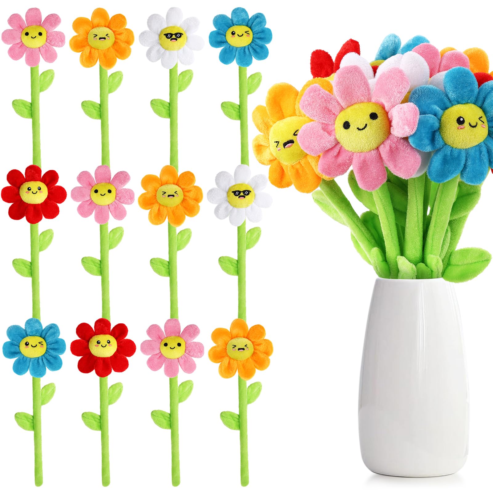 18 pezzi di peluche a forma di fiore sorridente farcito steli pieghevoli peluche morbido floreale 32 cm per laurea 2025 festa della mamma San Valentino ragazza, fidanzata, moglie, famiglia e
