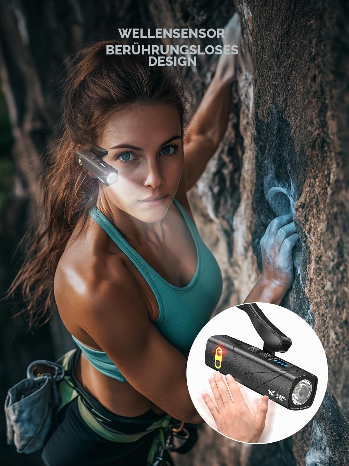 Smiling Shark Stirnlampe Wiederaufladbar, 2025 Neue Ohr-mounted LED Kopflampe 1000 Lumen Mit Motion Sensor & 5 Modi in Weiß und Rot Licht Stirnband Taschenlampe für Erwachsene Camping Wandern Laufen