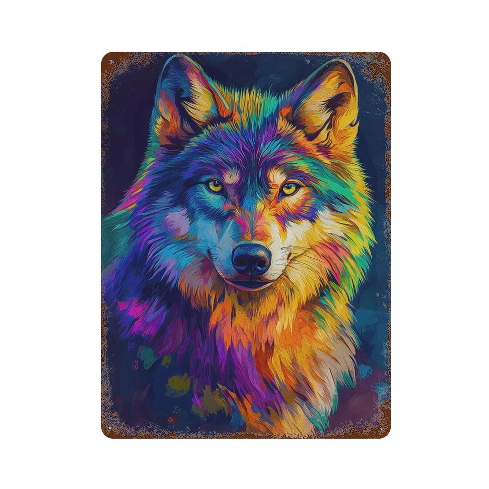 Rust Effect Colorful Wolf Portrait Vintage Rust Metal Sign 15.7"x11.8", Vintage Wall Decor for Garage, Bar And Workshop Decor