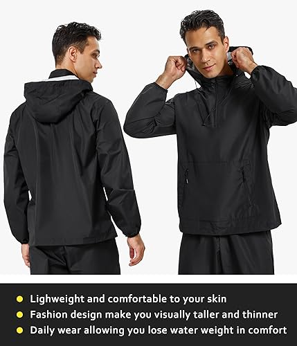 Miniatura 5 de Junlan Chaqueta de sauna para hombre, chaqueta de sudor con cremallera, sudadera con capucha, traje de sauna para entrenamiento