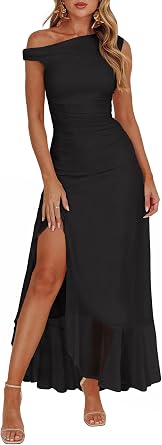 Caracilia Womens Summer Off Shoulder Formal Dress Floral Mesh Bodycon Ruched Split Cocktail Wedding Guest Party Maxi Dresses