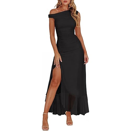 Caracilia Womens Summer Off Shoulder Formal Dress Floral Mesh Bodycon Ruched Split Cocktail Wedding Guest Party Maxi Dresses