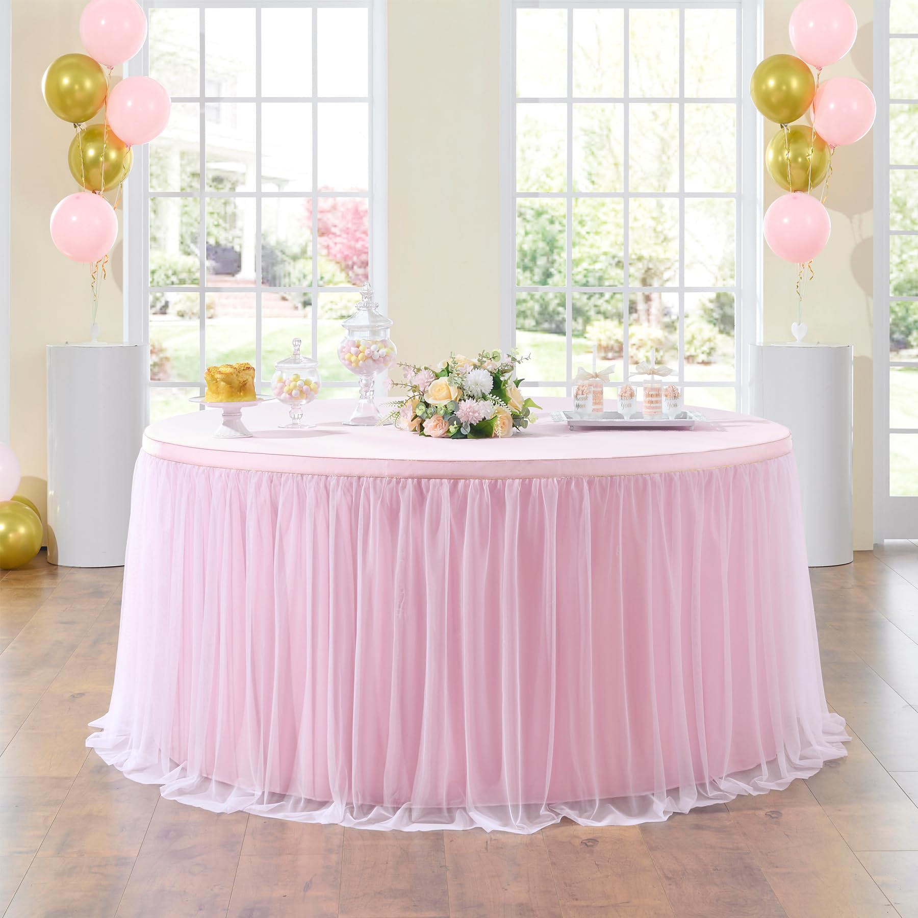 NSSONBEN Rosa Tulle Gonna da Tavolo Dessert per Torte, 2-Layer Ruffle Tulle Tutu Panno Gonne da Tavolo per Ragazze Festa di Compleanno Matrimonio Bambino Doccia Decorazione(L183×H76cm, No Tovaglia)
