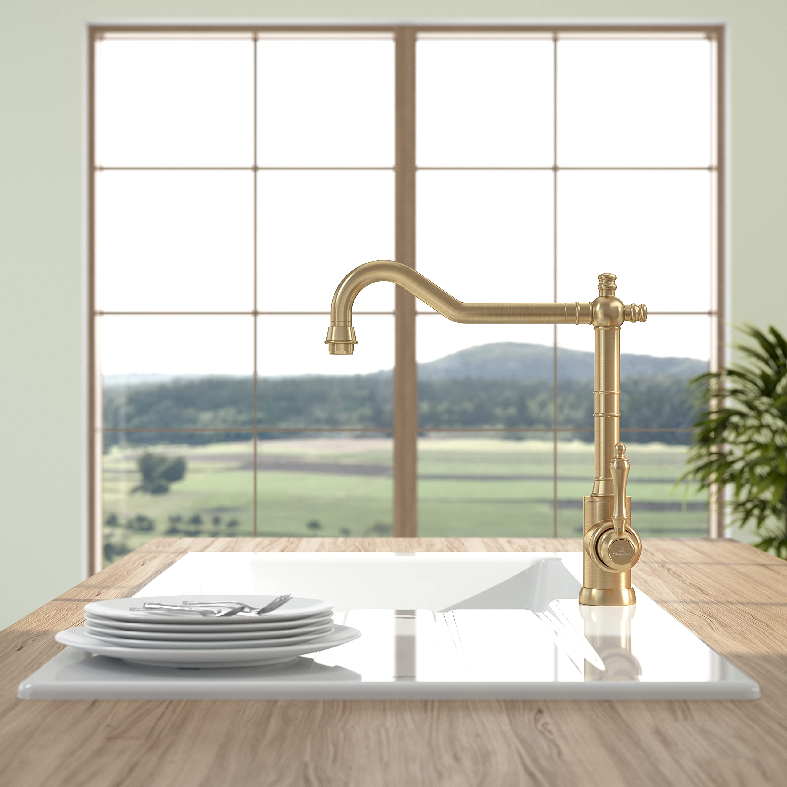 Villeroy & Boch Avia 2.0 Küchenarmatur, Hochdruck, Wasserhahn Küche mit Keramikkartusche und 360° Schwenkbereich, Spültischarmatur energiesparend, Auslauf Höhe 235mm, Gold