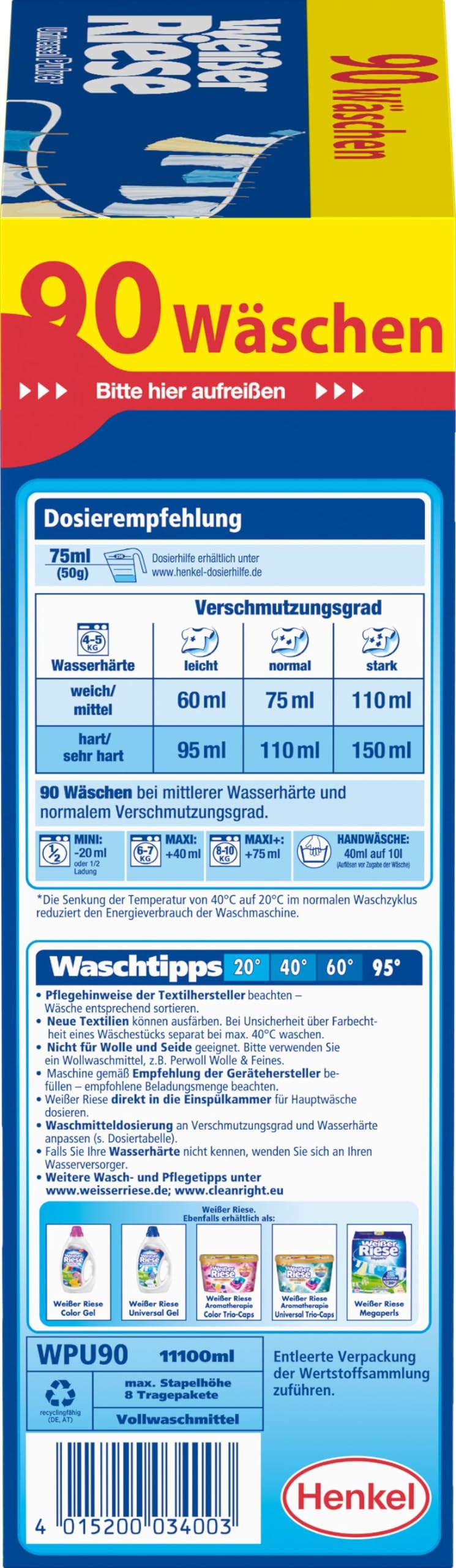 Weißer Riese Universal Pulver 180 Waschladungen (2x 90 WL), Vollwaschmittel wirkt riesig stark gegen Flecken, Kalt-Aktiv schon ab 20° C, ergiebiges Waschpulver, ideal für Familien mit Kindern