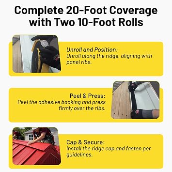 LCF Universal Vented Ridge Material for Metal Roofing 20 ft Kit - Breathable Closure for Ag Panels and Ribbed Roofs - 2 Wide x 1 Tall - Made in USA - Full Adhesive Strip - 2 Rolls of 10ft