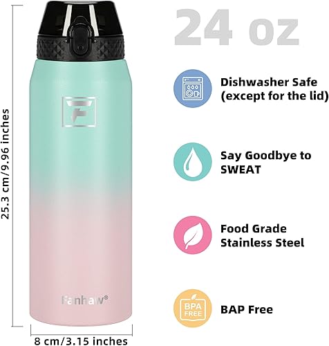Miniatura 2 de Fanhaw Botella de agua aislada con pajilla, de acero inoxidable, de 24 onzas, de doble pared, al vacío, a prueba de fugas y sudor, apta para