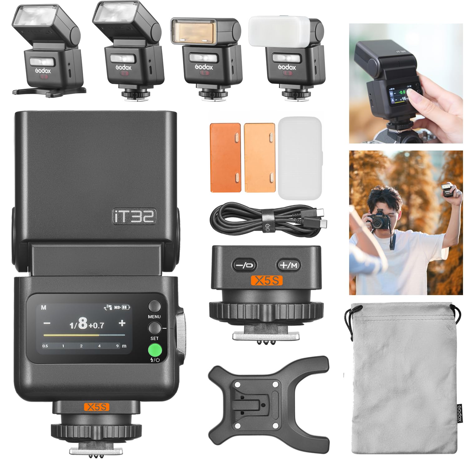 Godox iT32 TTL - Flash de cámara con X5S para Sony, zapata magnética y disparador 2 en 1, HSS 1/8000s, 2.4G inalámbrico, compatible con a7 IV, a7C II, a7C, a6700, ZV-E10 II, ZV-E1, lámpara de modelado