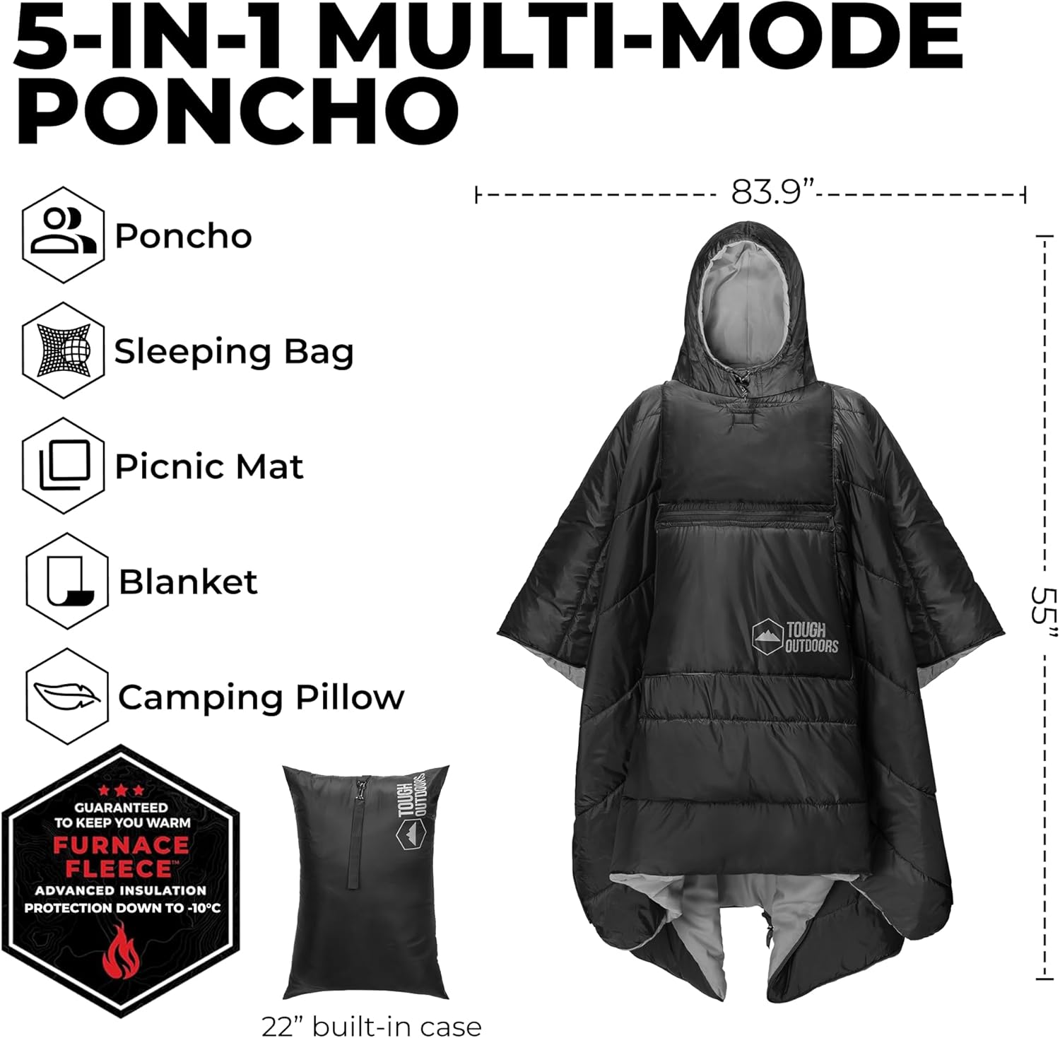 Tough Outdoors 5 in 1 Camping Poncho - Packable Blanket - Wearable Sleeping Bag Adult - Sleeping Bag Poncho - Waterproof