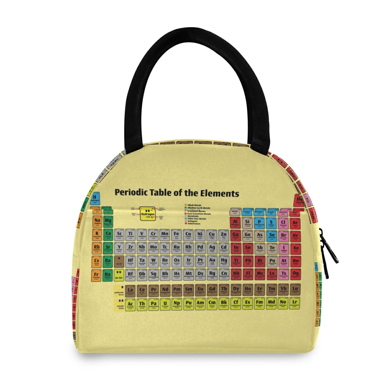 Periodic Table of the Elements on Yellow with Atomic Numbers, Names Insulated Lunch Tote Bag, Thermal Reusable Cooler Lunch Bag Box Portable Handbag for Picnic School Travel Work Office