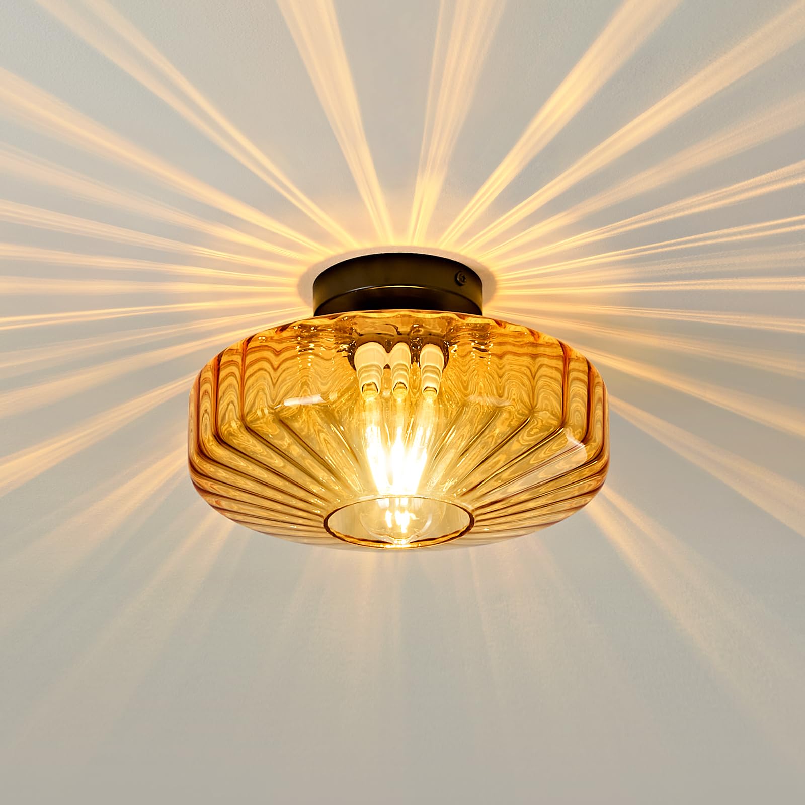 Glass Semi Flush Ceiling Lights - 12 in Vintage Mid Century Modern Lighting Fixture - Drum Unique Art