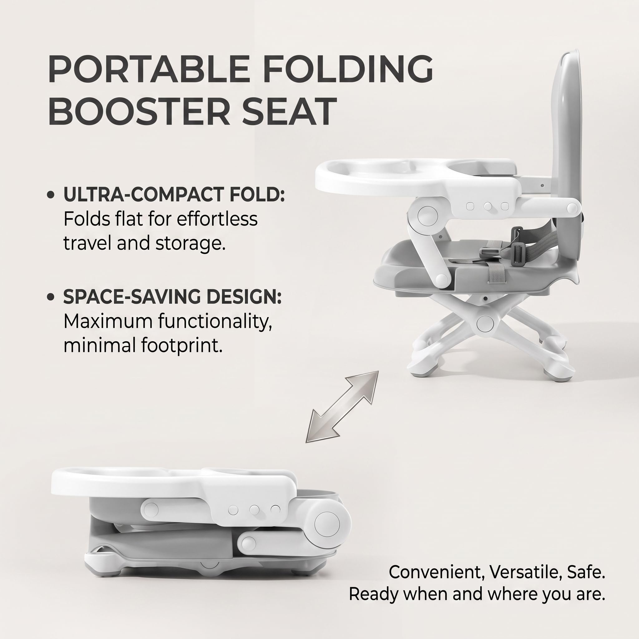 Chaise haute portable pliable rehausseur gris | Pliable pour les voyages, deux plateaux en plastique, adapté aux tout-petits, idéal pour une utilisation en extérieur