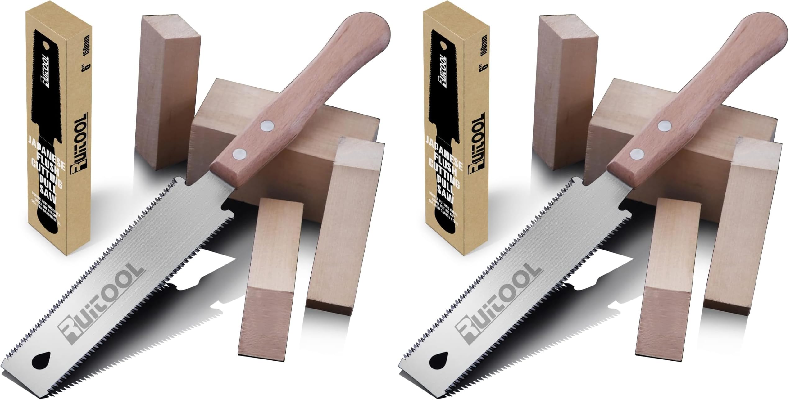 RUITOOL Japanese Hand Saw 6 Inch Double Edge Sided Pull Saw Ryoba SK5 Flexible Blade 14/17 TPI Flush Cut Beech Handle Wood Saw for Woodworking Tools (Pack of 2)