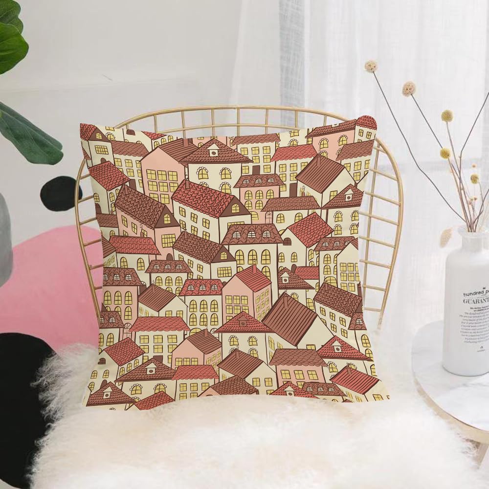 HYOSXW Cushion Cover,Throw Pillow Case Home Decorative for Living Room Bedroom Sofa Chair 16X16 Inch,Hand-drawn style retro fairy tale town buildings,Pillowcase 40X40cm