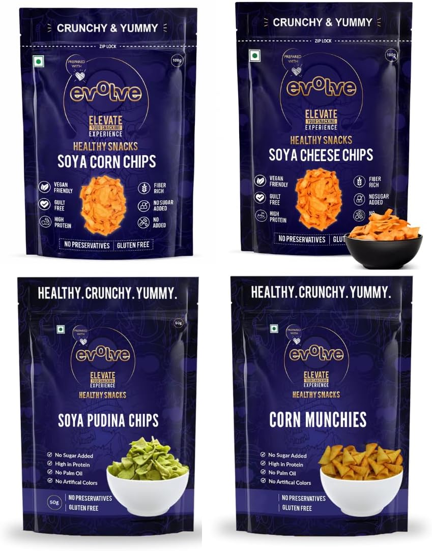 Evolve Soya Chips Combo | Soya Corn, Soya Pudina, Soya Cheese Chips & Corn Munchies, Crunchy Protein Snack, Wholesome & Tasty | No Palm Oil, Healthy Snacks For Adults | 220g (55g Each, Pack Of 4)