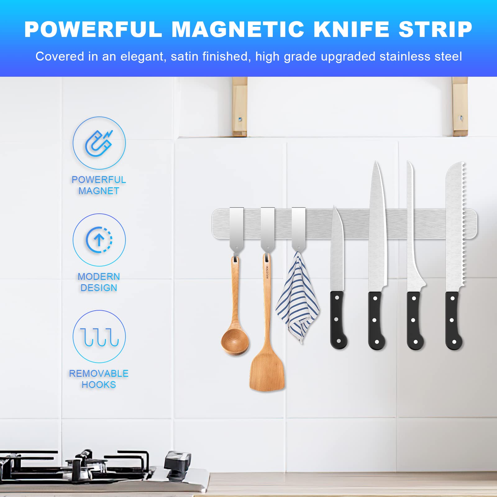 Fohil Messer Magnetleiste 40cm mit 3 Haken, Magnetleiste Edelstahl Messerhalter 16in Magnetisch Selbstklebend Küchenutensilien Werkzeugen Einfache Montage Magnetisch Wandmontage für Küche