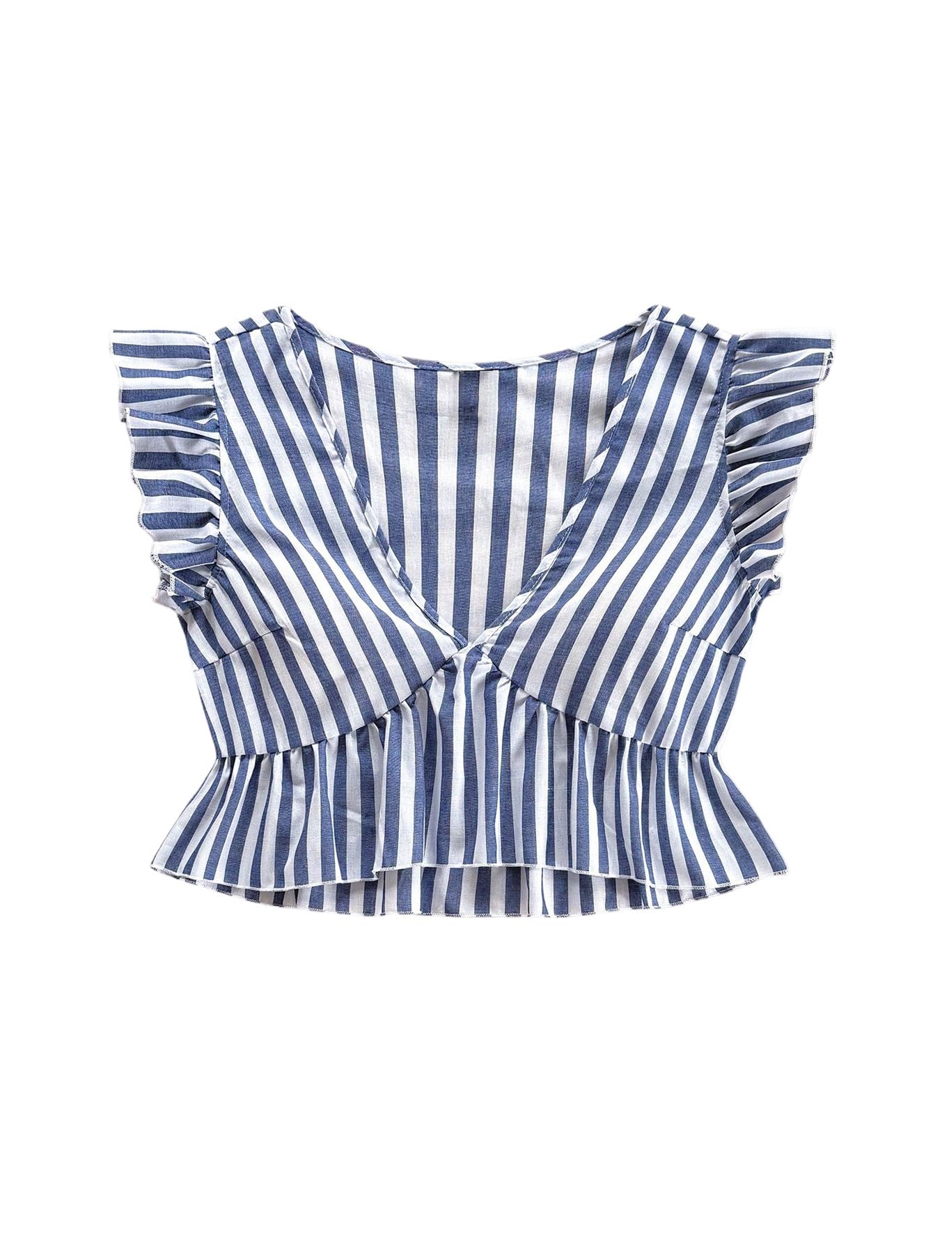 Women's Striped Peplum Blouses Ruffle Cap Sleeve Deep V Neck Crop Tops Vacation Summer Shirts