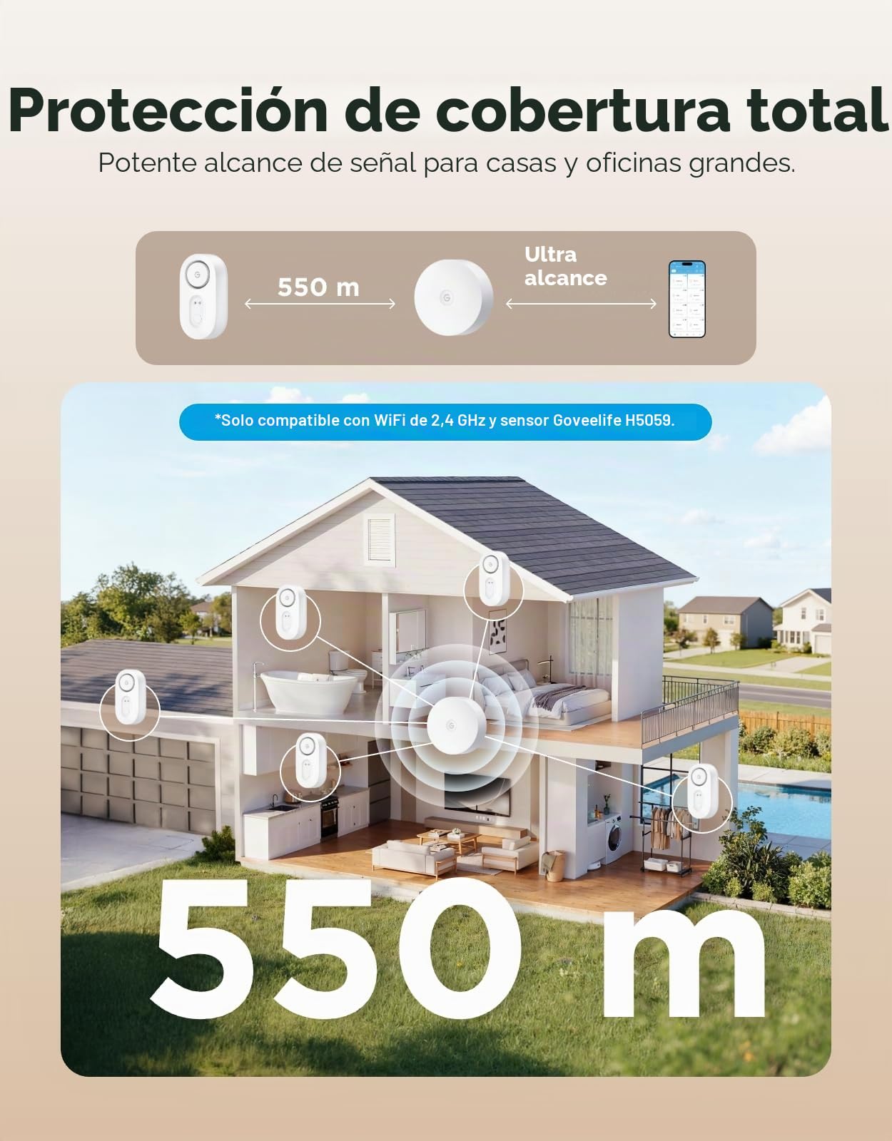 GoveeLife Mejora Inteligente Detector de Agua 1s con Alcance Ultra de 550 m, Sensor de Agua WiFi con SMS/Correo Electrónico/Notificación Push en APP y Alarma Acústica, Duración de Batería de 5 Años