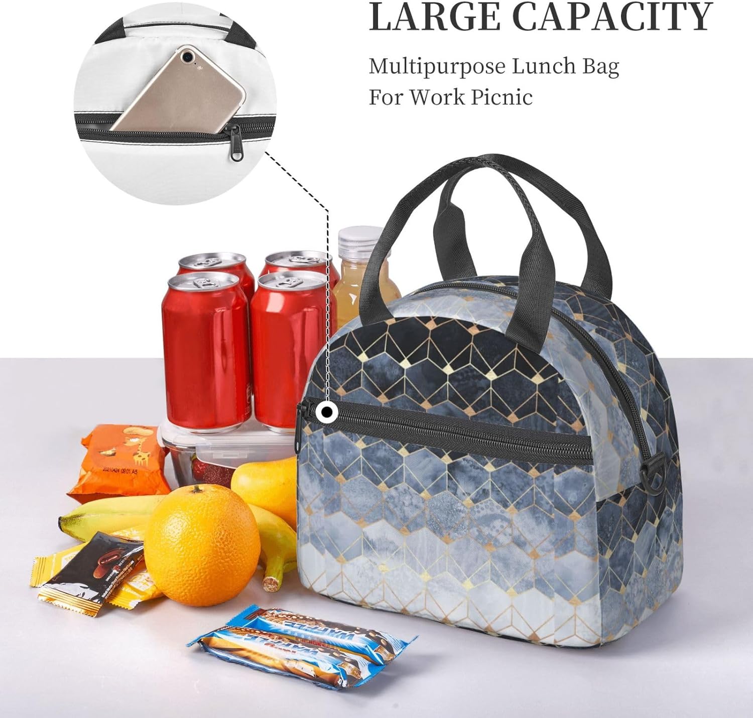 Blue Hexagons and Diamonds Print Reusable Lunch Bag Insulated Lunch Boxes for Office Work Picnic Tote Bag Adjustable