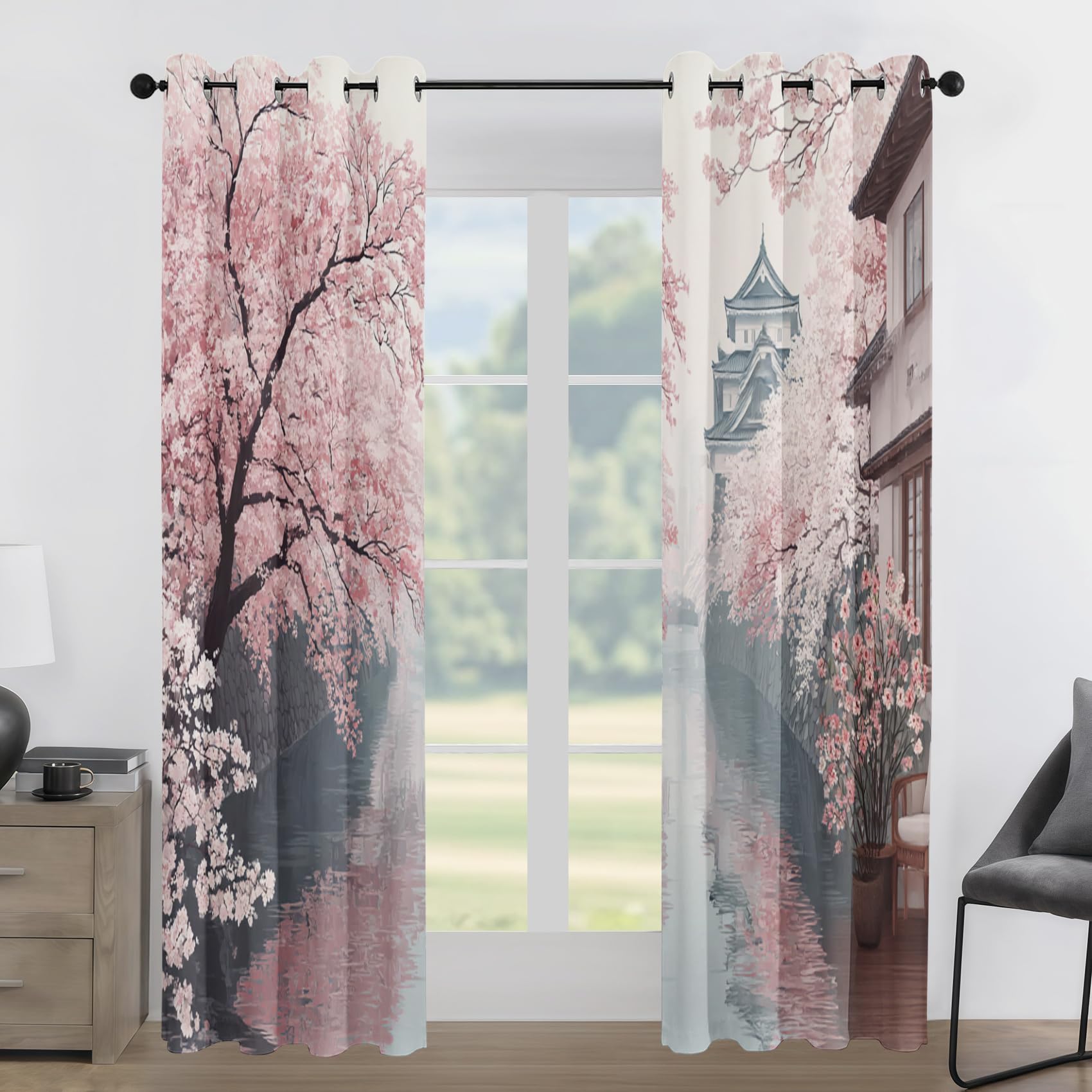 Générique Rideau Paysage Japonais Rideaux Chambre Salon Fleurs de Cerisier Oriental Rideau Occultant Thermique Isolant Anti-Chaleur Phonique Lot de 2 Rideaux à Oeillets 140x225 cm MDLQ167ll