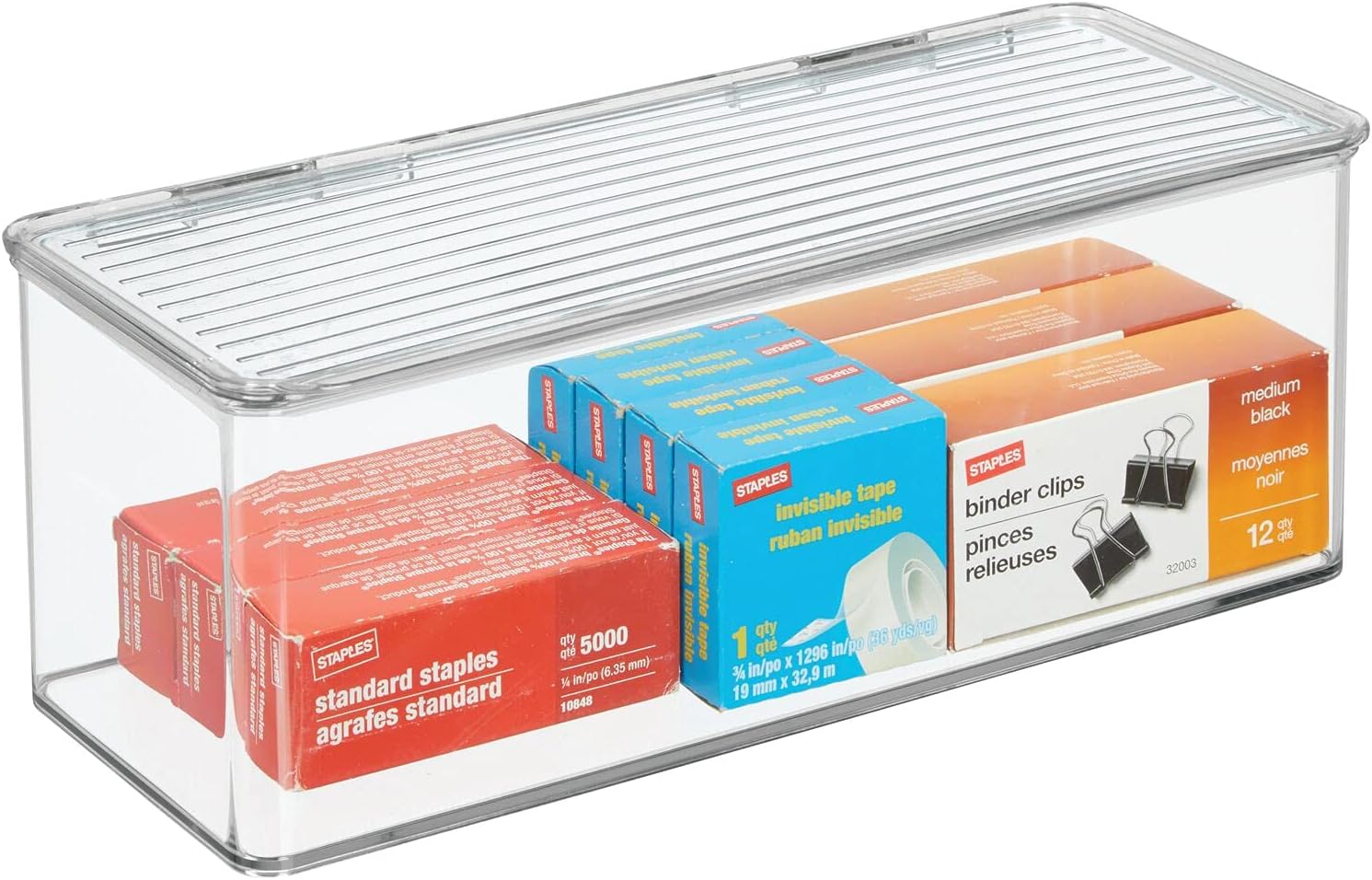 mDesign Plastic Stackable Home, Office Supplies Storage Organizer Box with Attached Hinged Lid - Holder Bin for Note Pads, Gel Pens, Staples, Dry Erase Markers, Tape - 5" High - Clear: Home & Kitchen