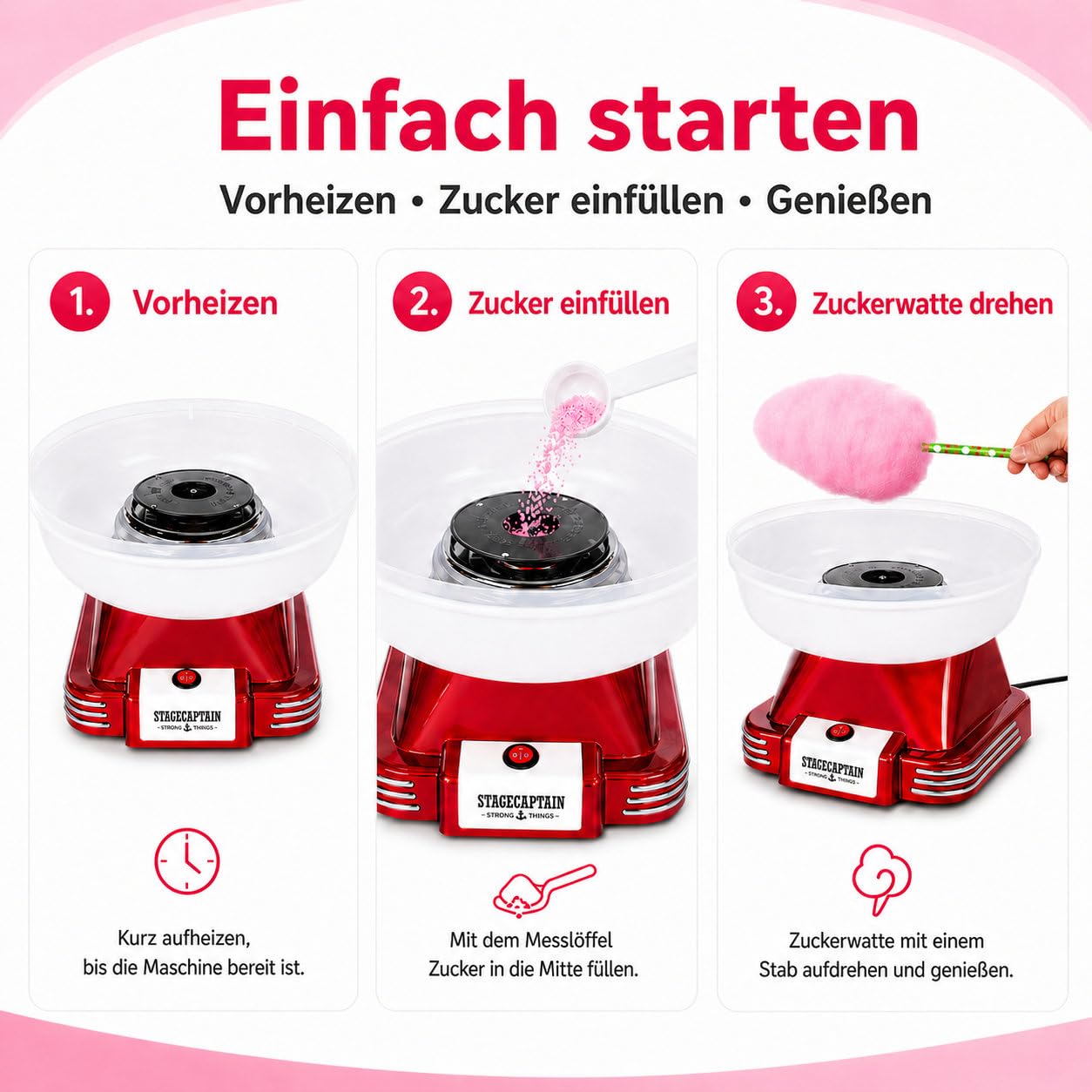 Stagecaptain CFM-500 MKII Zuckerwattemaschine 500 Watt für Zucker und Hartbonbons abnehmbare Schüssel