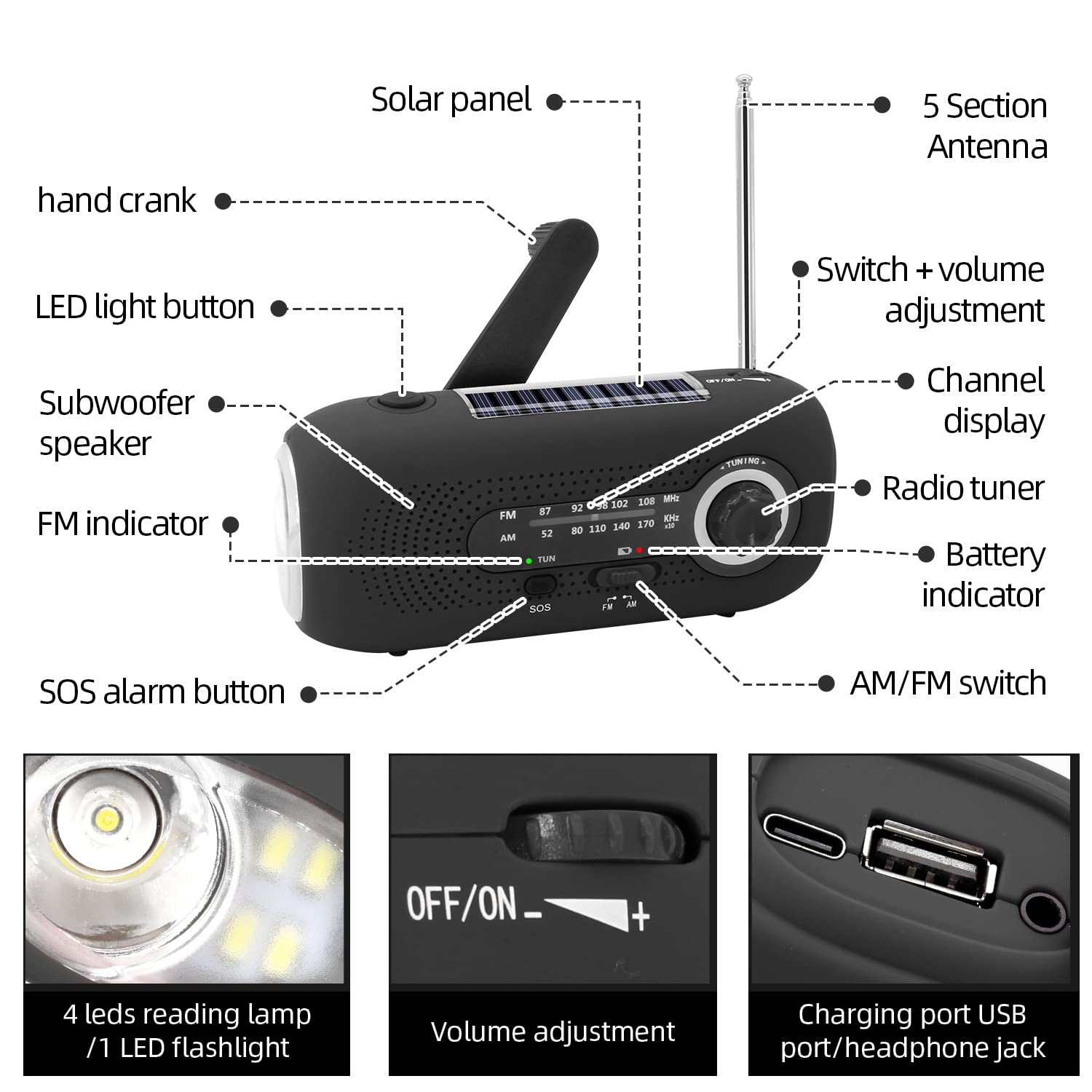 Journy Solar Radio, radio korbowe, radio awaryjne korby, radio dynamo z AM/FM, wbudowana bateria 2000 mAh, 4 tryby latarki LED, alarm SOS dla sytuacji awaryjnych na zewnątrz