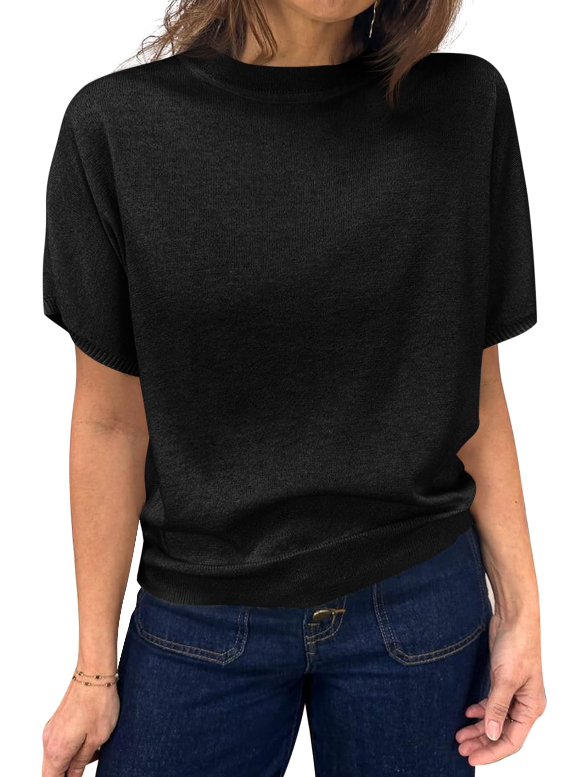 Saodimallsu Casual Women's Short Sleeve Lightweight Knit Pullover Summer Tops Basic Crew Neck Loose Fit 