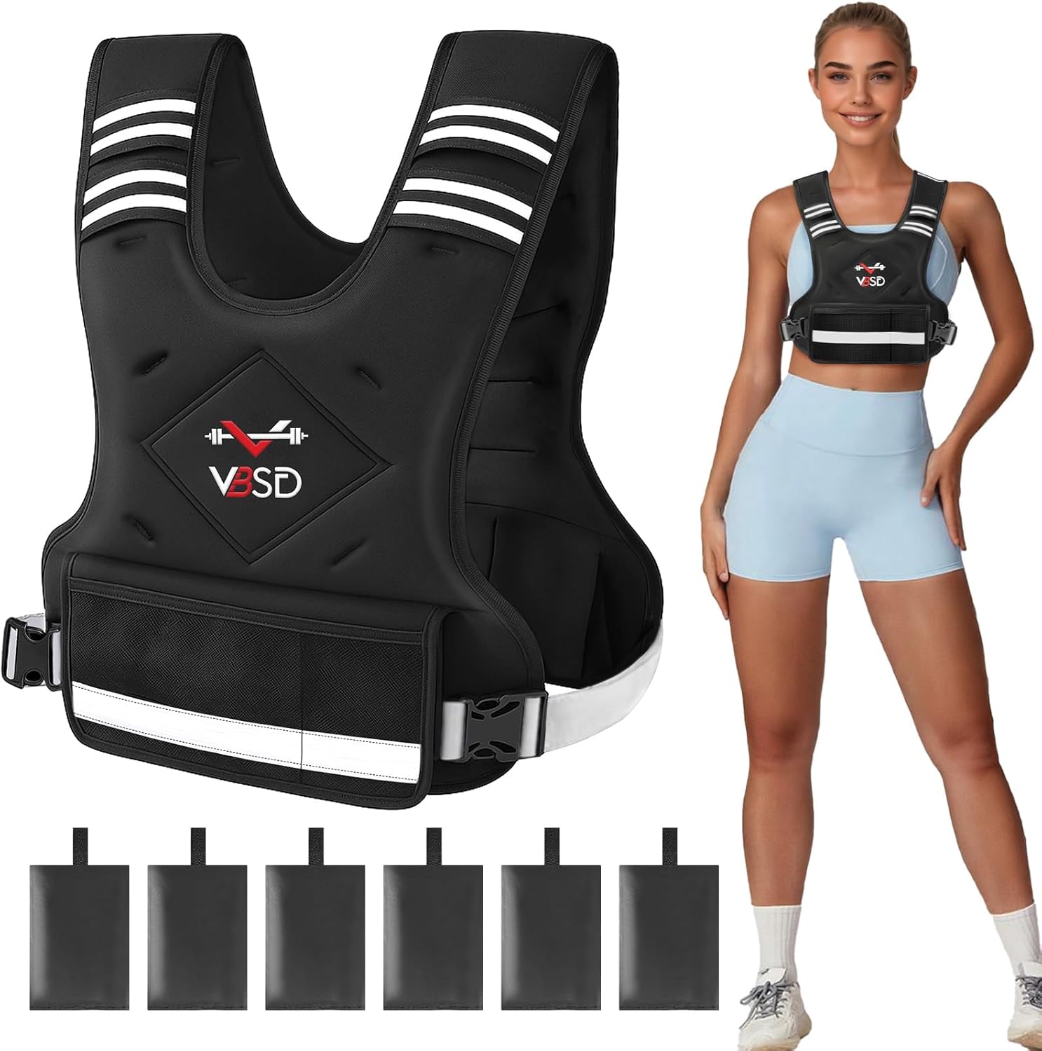 Product image of VBSD Adjustable Weighted Vest for Women Men 4-10lb/11-20lb/20-32lb Vest with 6 Ironsand Weights Body Weight Vest with Reflective Strip for Running Walking Strength Training Workouts