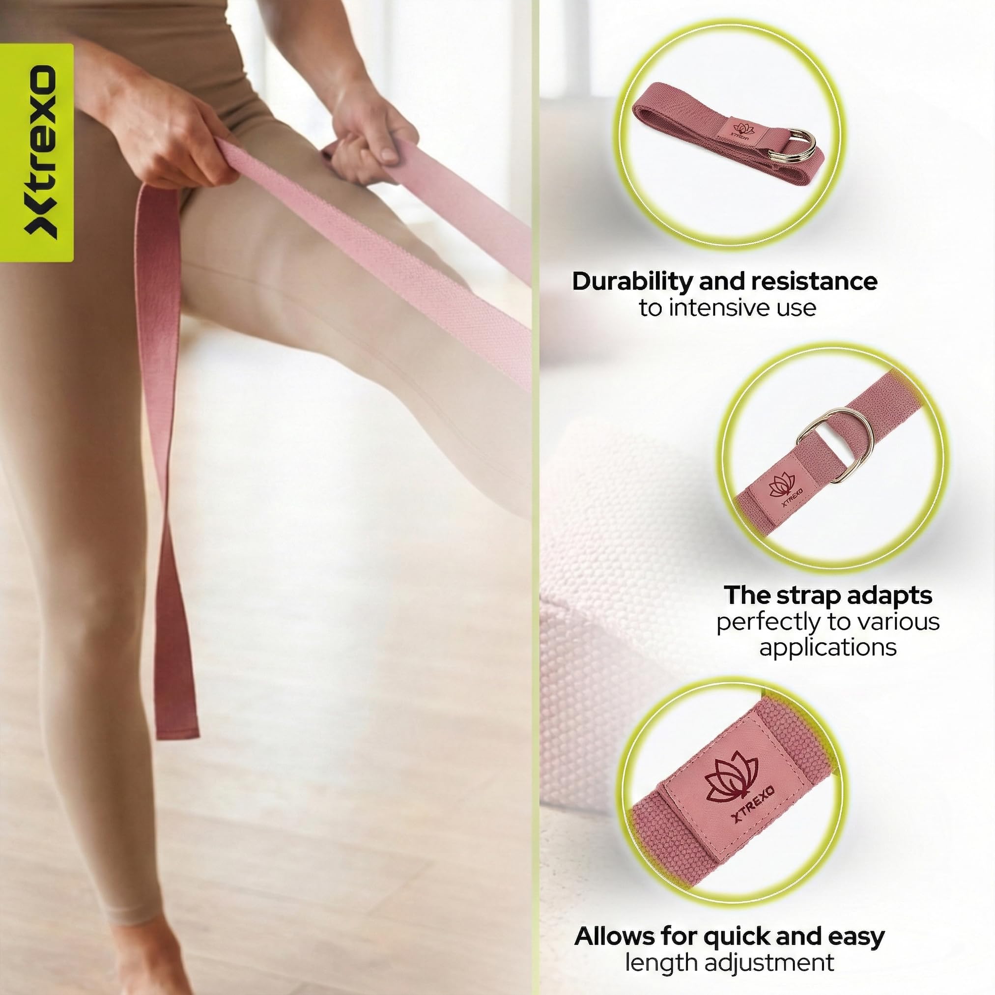 TREXO Cinghia da yoga 183 x 3,8 cm, fibbia a forma di D, facile regolazione della lunghezza per diverse asana, adattata alle diverse preferenze, accessorio ideale per la cintura da yoga per tutti