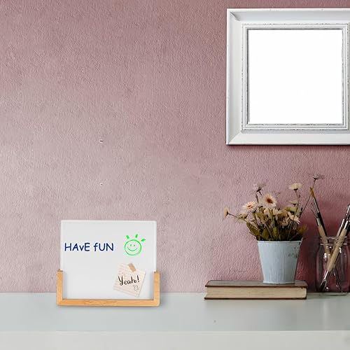 Miniatura 4 de Pizarra de cristal de escritorio de borrado en seco con base de madera maciza, pizarra blanca para notas, bloc de notas de escritura, mini tablero